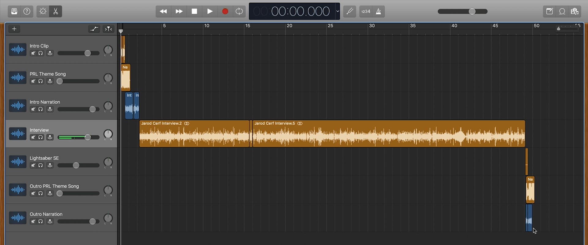 Clips arranged chronologically within GarageBand workspace