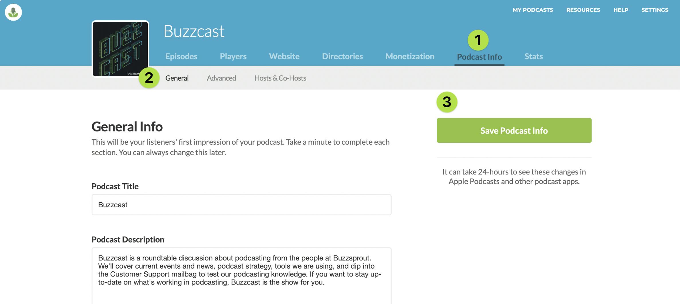 Buzzcast dashboard Podcast info