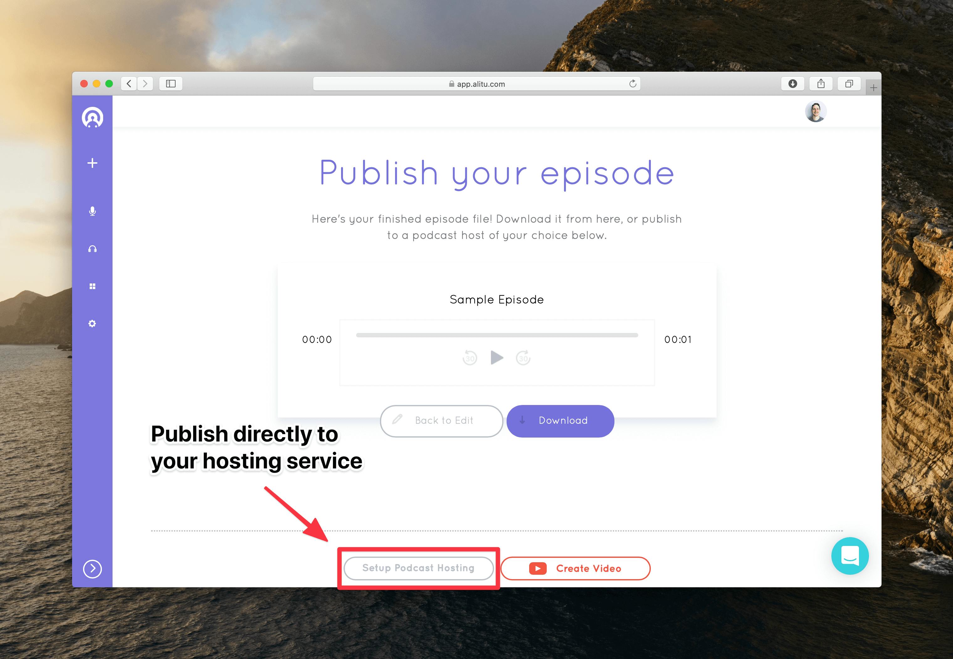 Publish screen with red box around Setup Podcast Hosting button