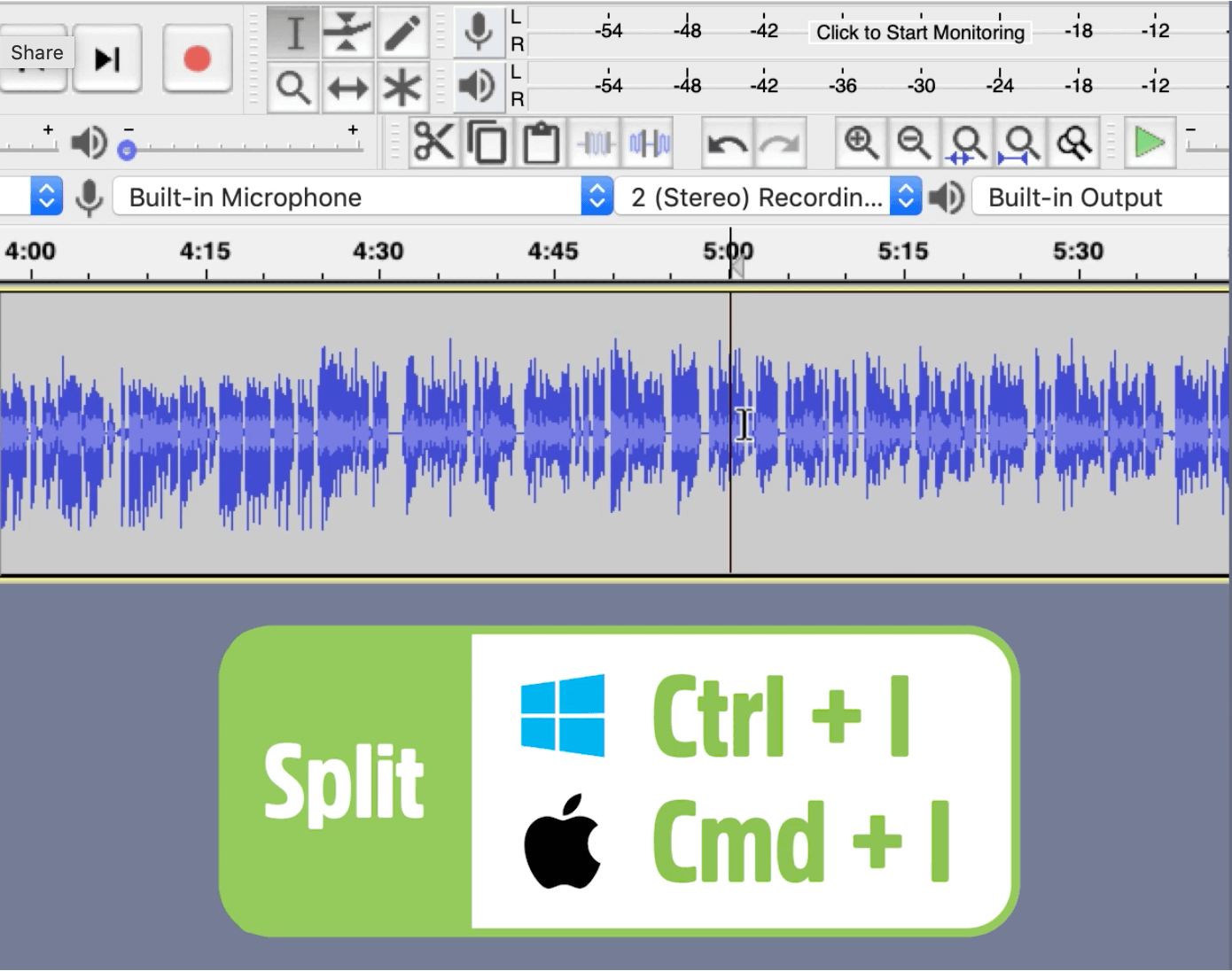 Audacity workspace with a green pop up with keyboard shortcuts for clip splitting