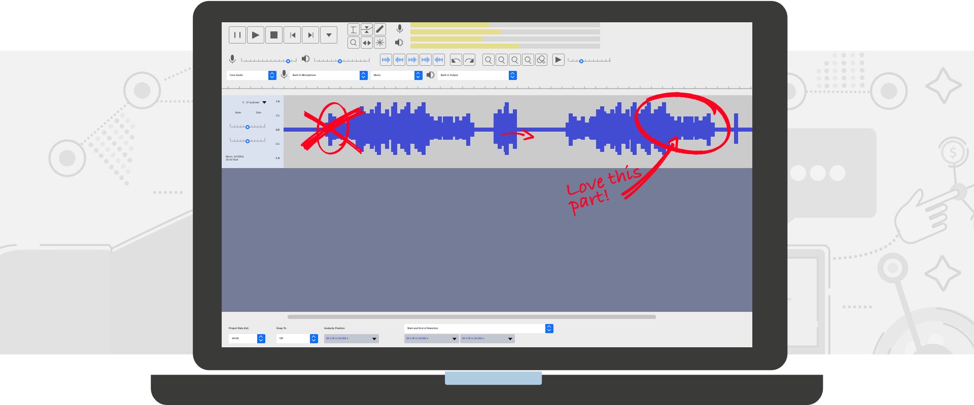 Laptop showing editing software and a waveform with red circles and arrows