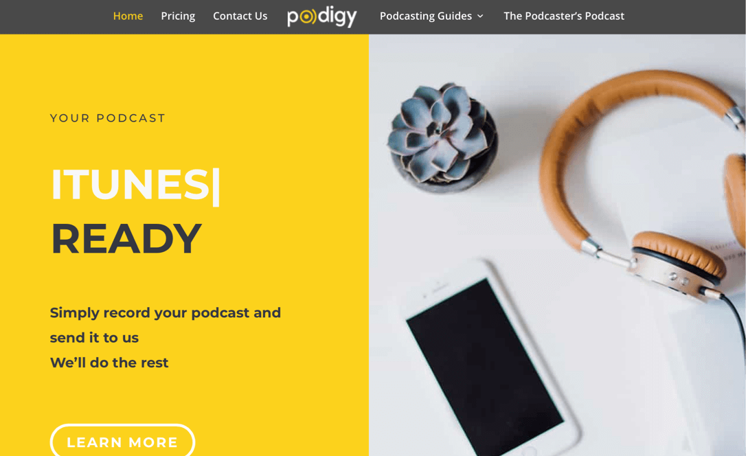 Podigy homepage with iPhone and headphones 