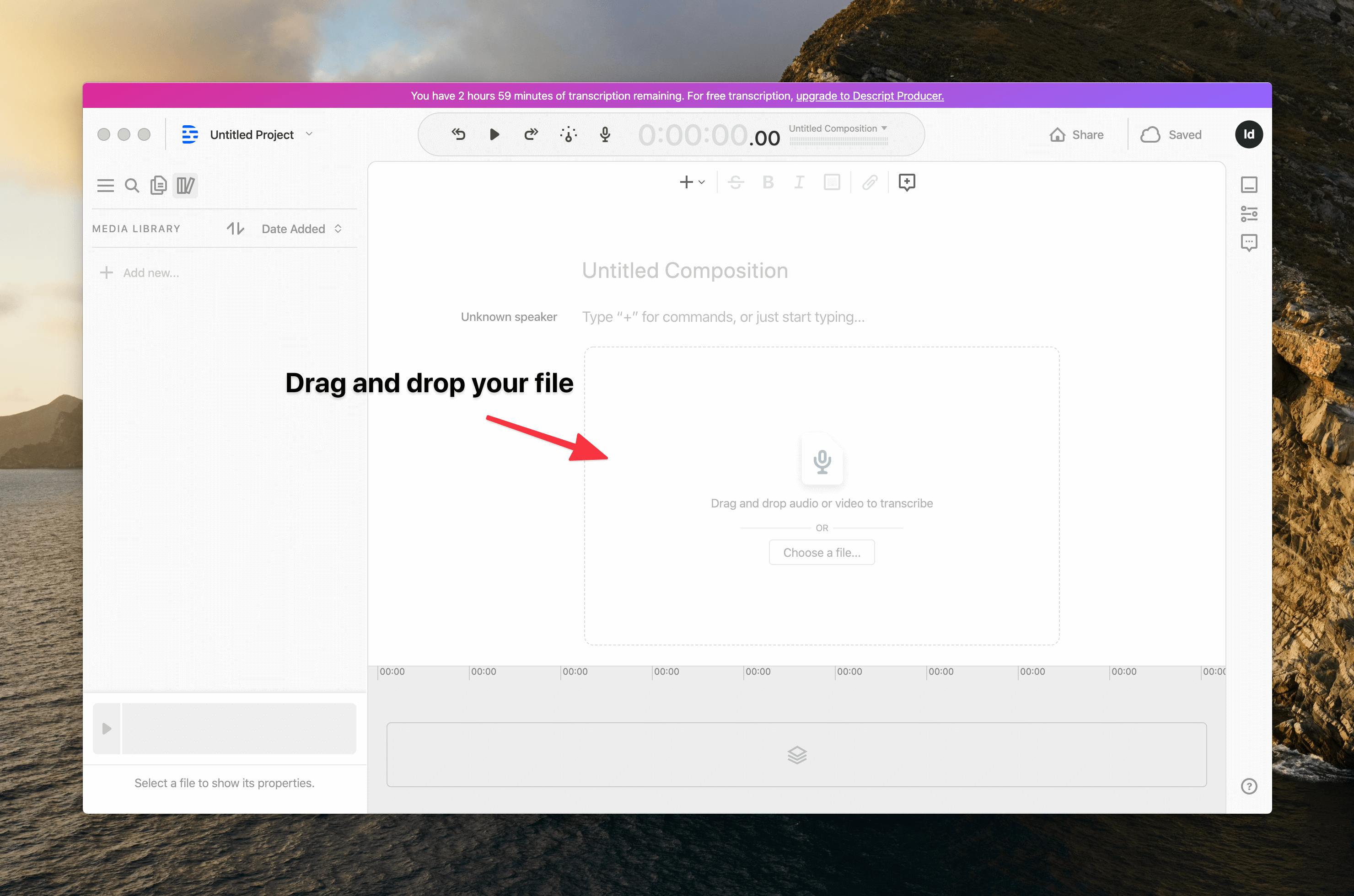 Arrow pointing to where you drag your file into the Project Workspace