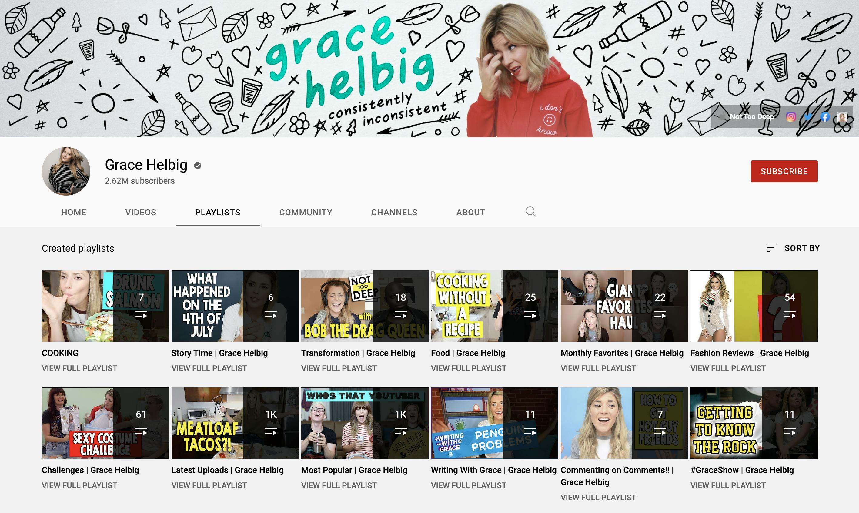 Grace Helbig YouTube Channel home page with video playlists