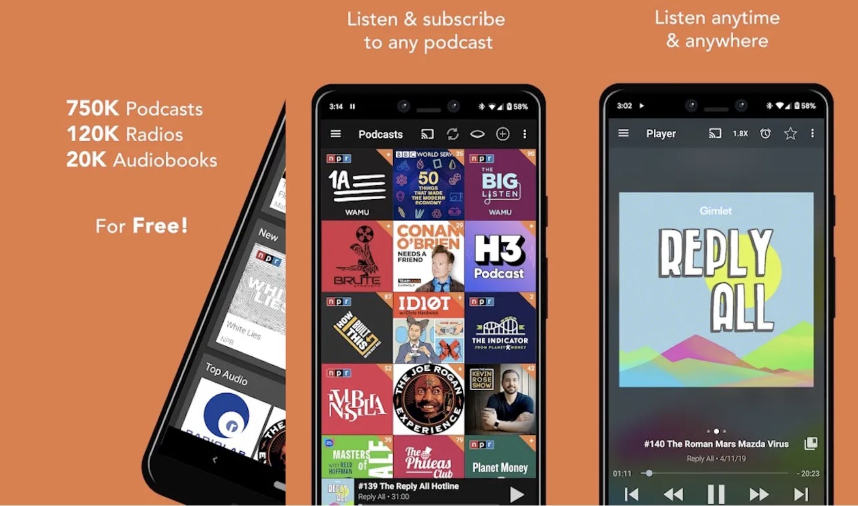 iPhones showing the Podcast Addict app over an orange background with with text