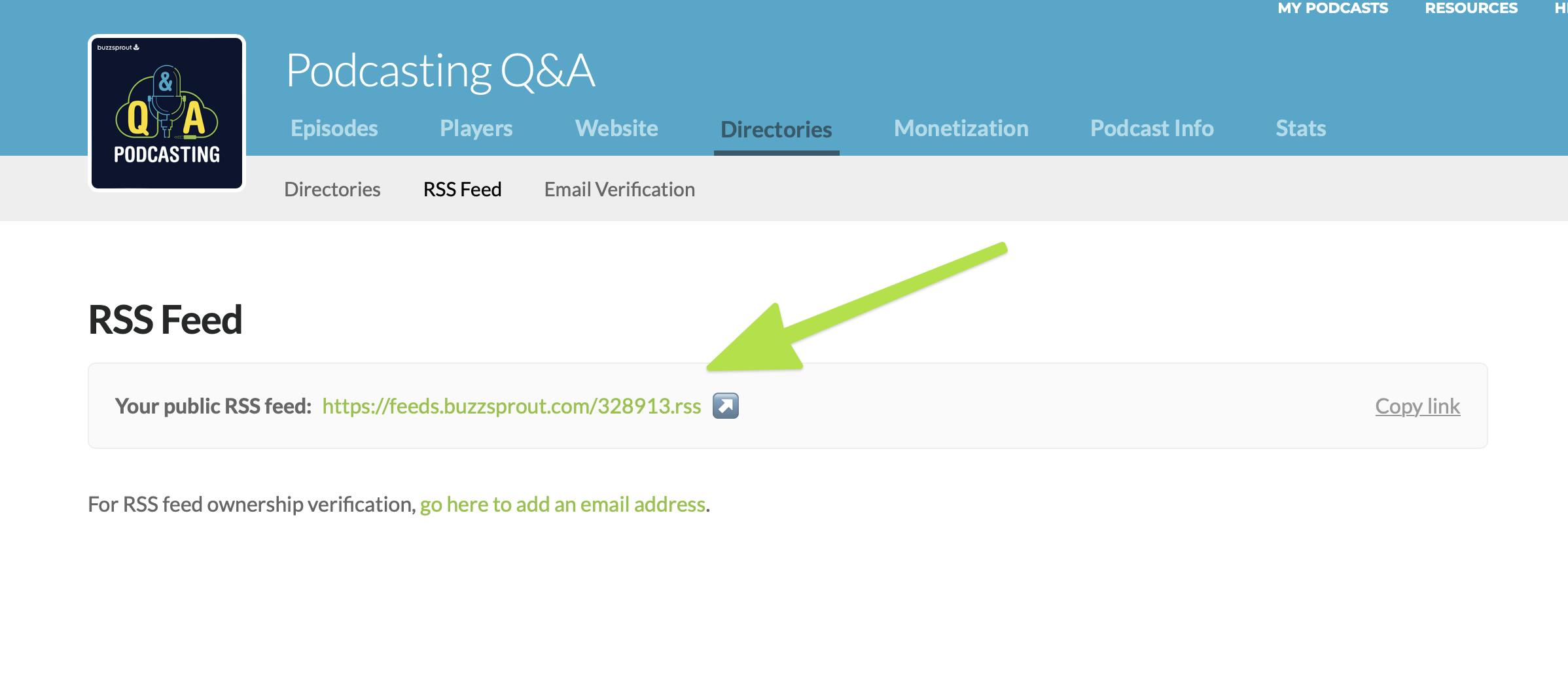 RSS feed under the directories tab in Buzzsprout account