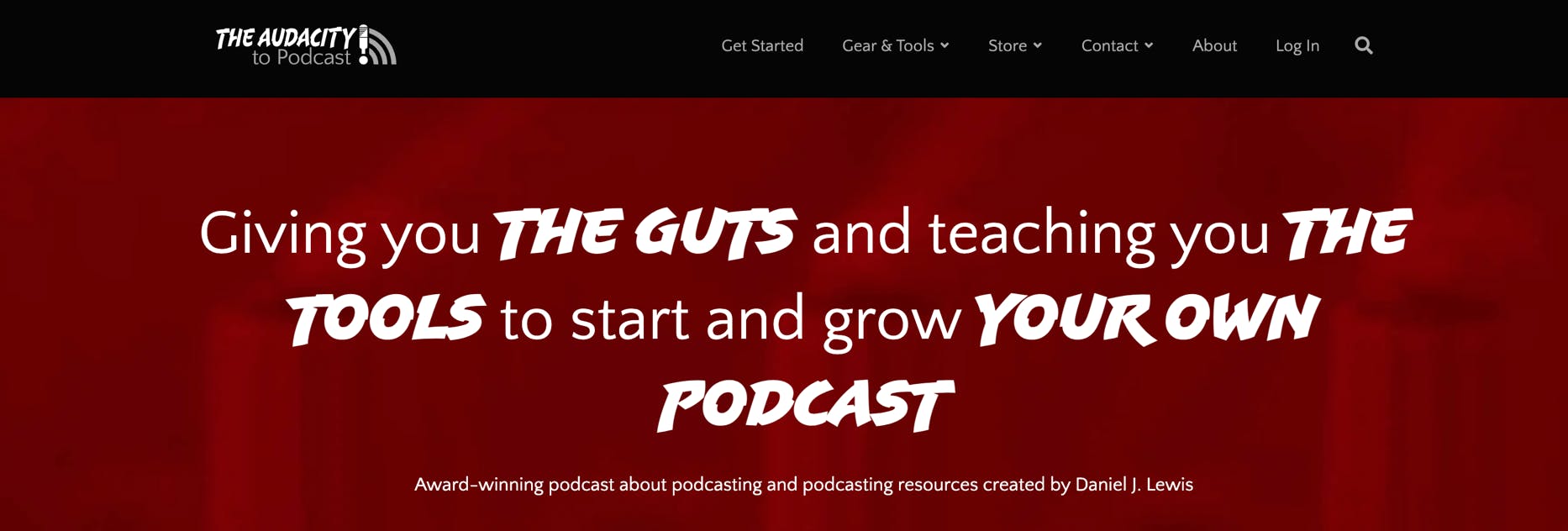 The Audacity to Podcast homepage with red background and white text overlay
