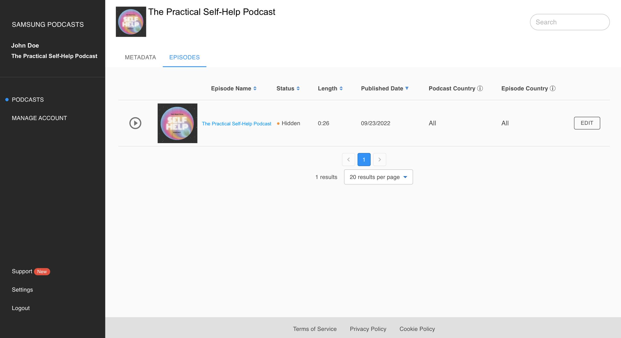 The Podcasts Page of the Samsung Podcasts dashboard showing a listed podcast with podcast artwork