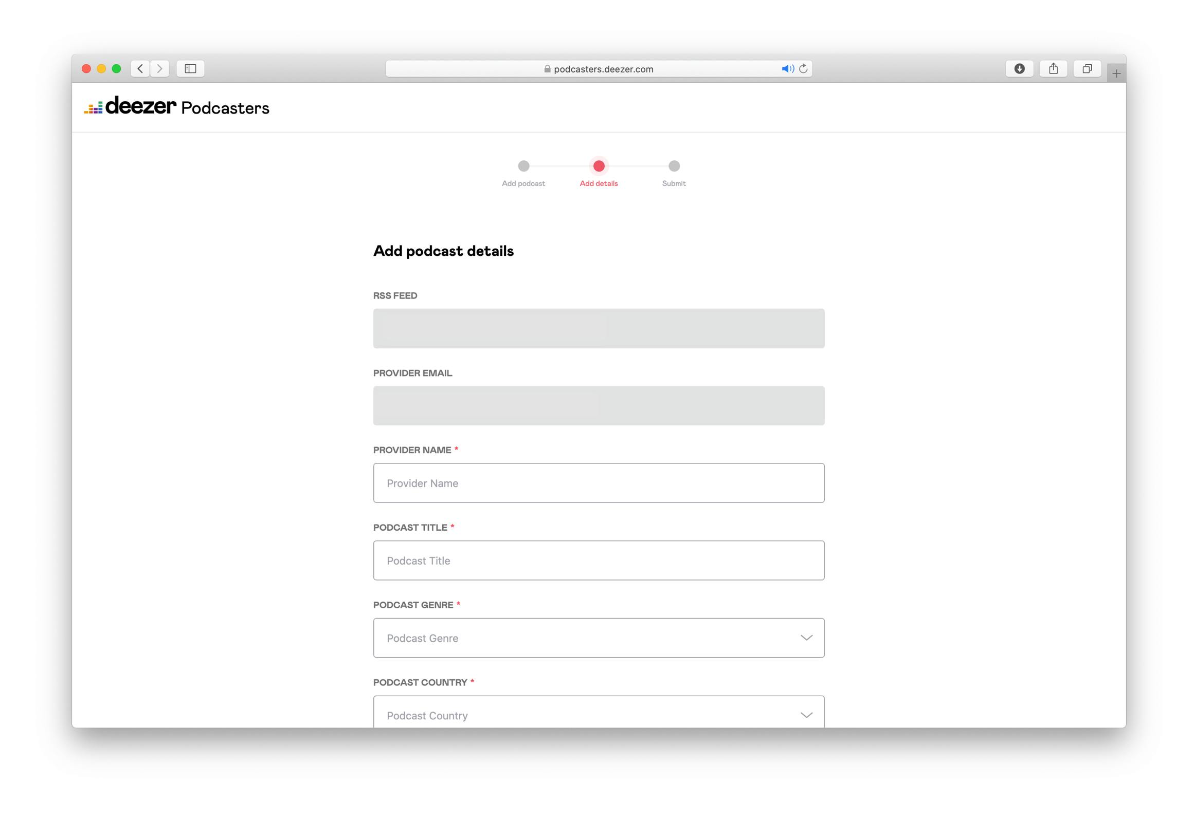 Deezer's podcast submission form