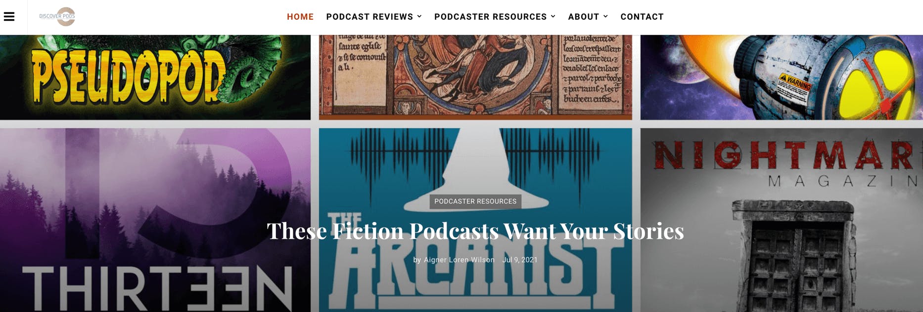 Discover Pods homepage with grid of various podcast cover art