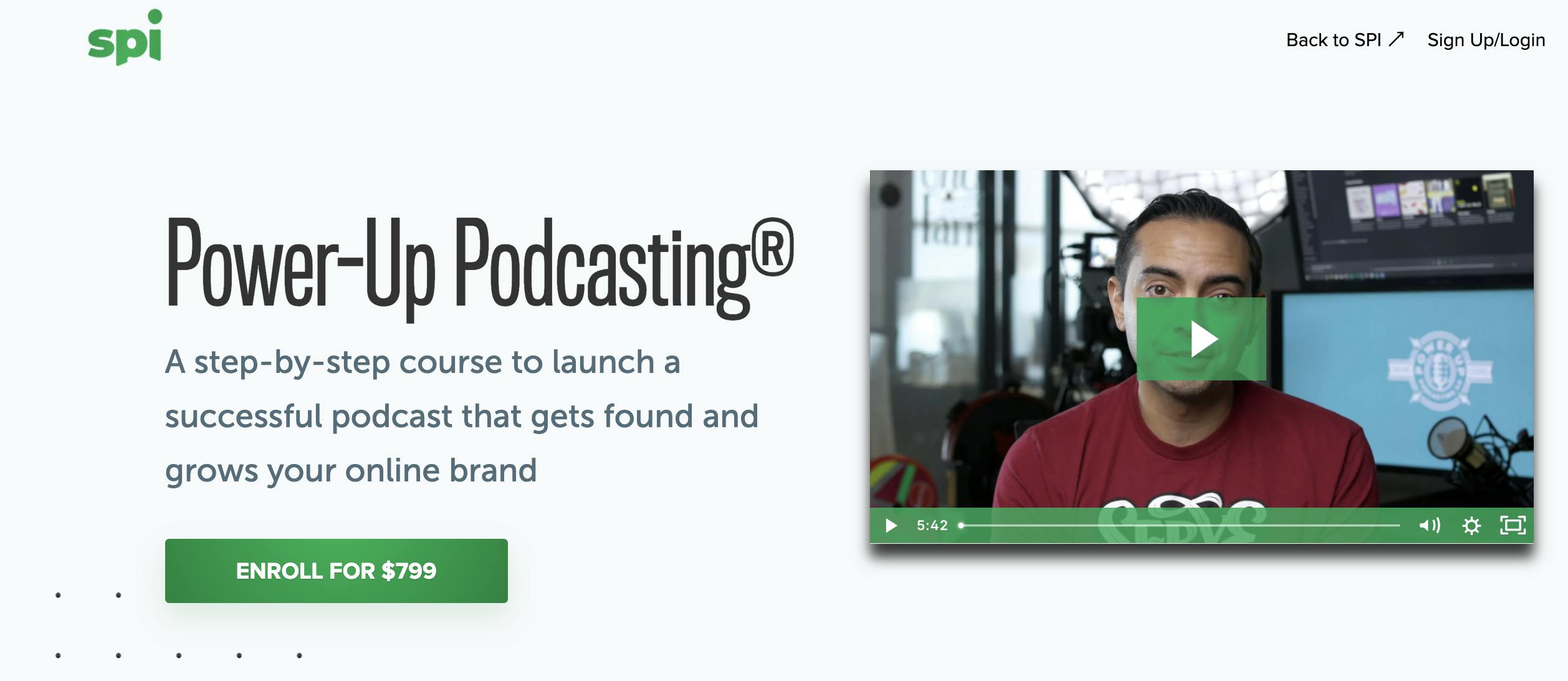 Power-Up Podcasting homepage with video thumbnail and course description beside it with green button 