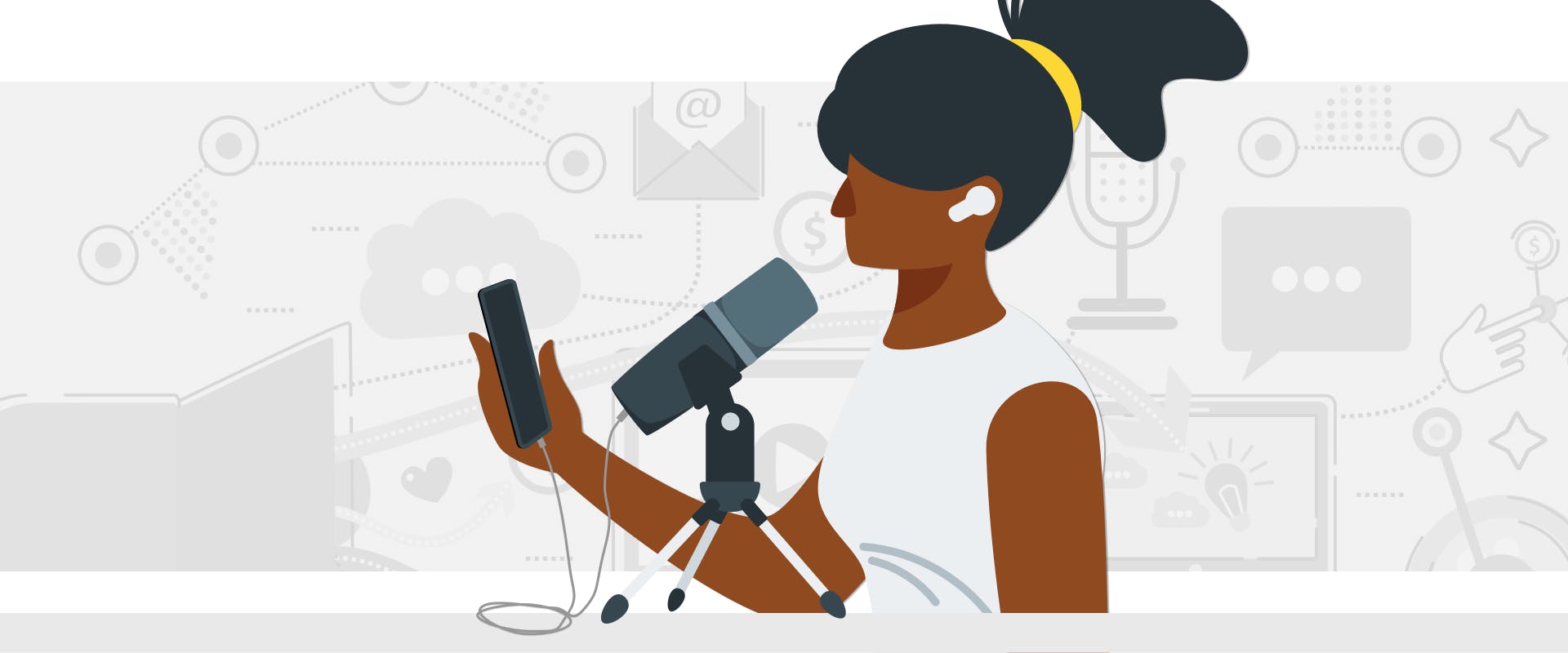 Woman podcaster holding smartphone speaking into microphone
