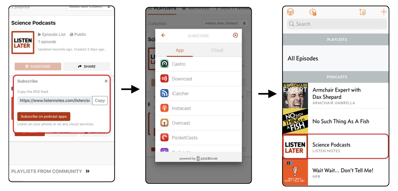 Three iPhone screen shots illustrating the steps to play a podcast playlist in the Overcast app