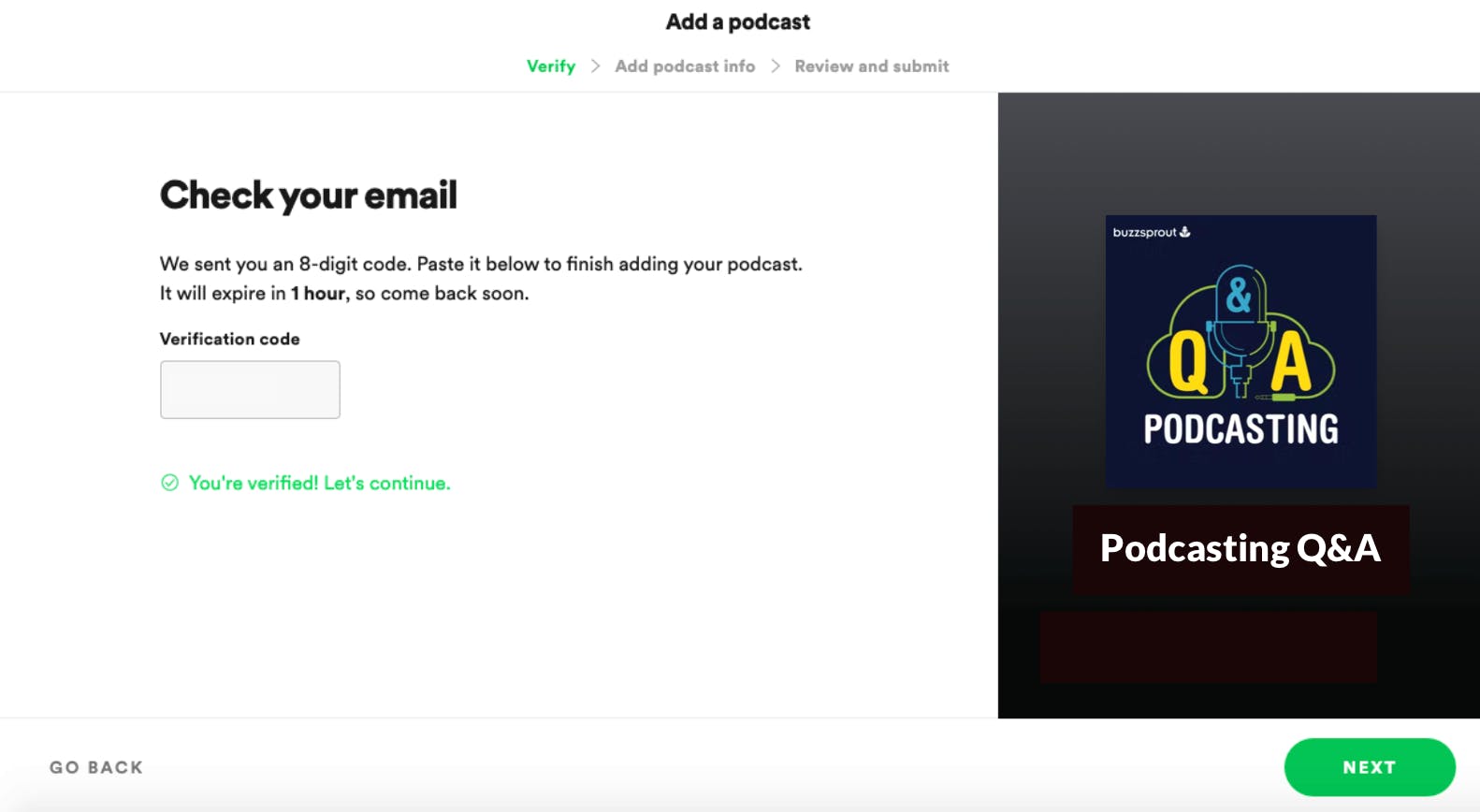 Verification code page with Podcasting Q&A artwork on the right and green button that says 