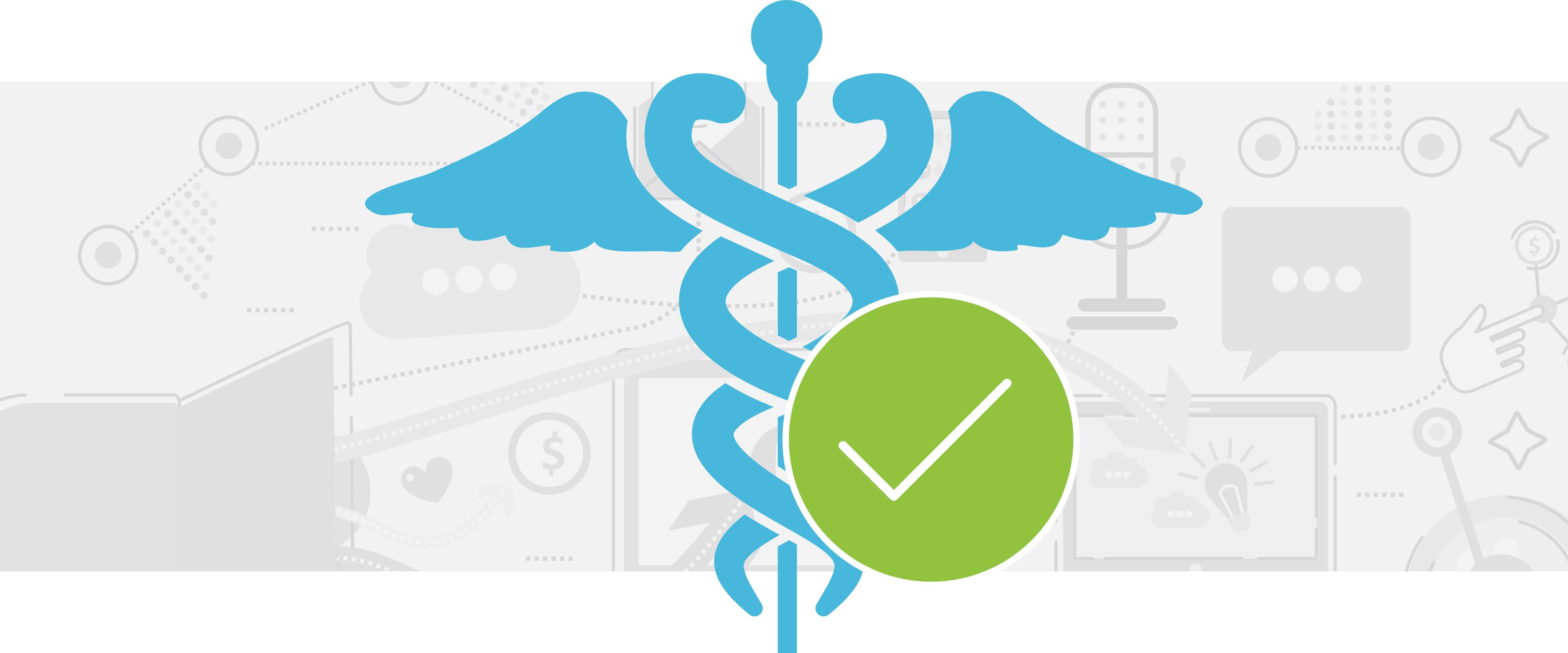 Blue HIPPA compliance icon with a green check mark beside it