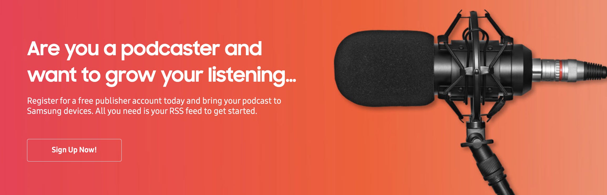 Pink and orange gradient background with a podcast mic on the right and white text on the left