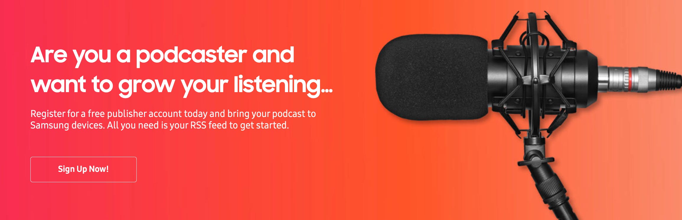 Pink and orange gradient background with a podcast mic on the right and white text on the left