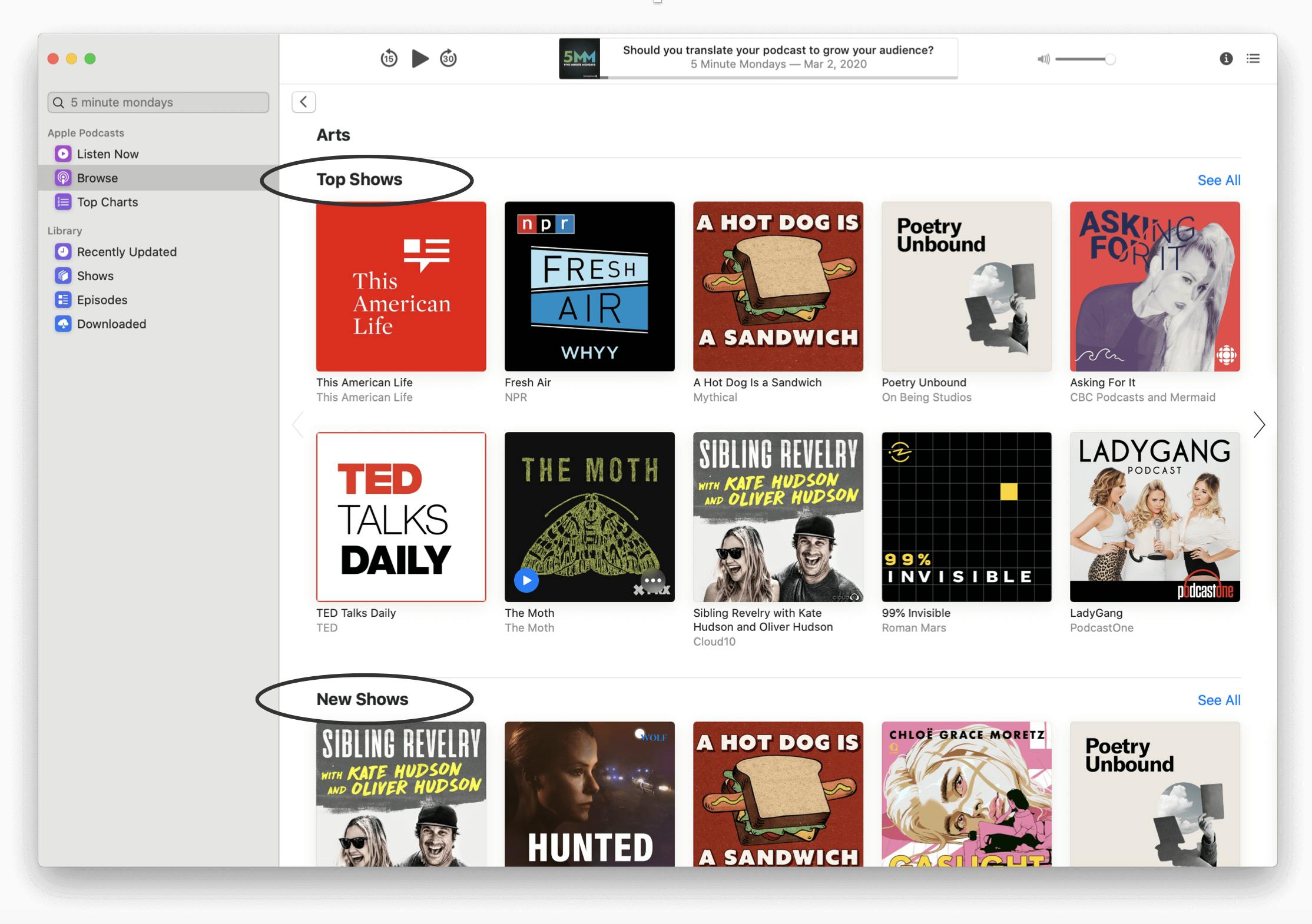 Subcategories circled within Apple Podcasts