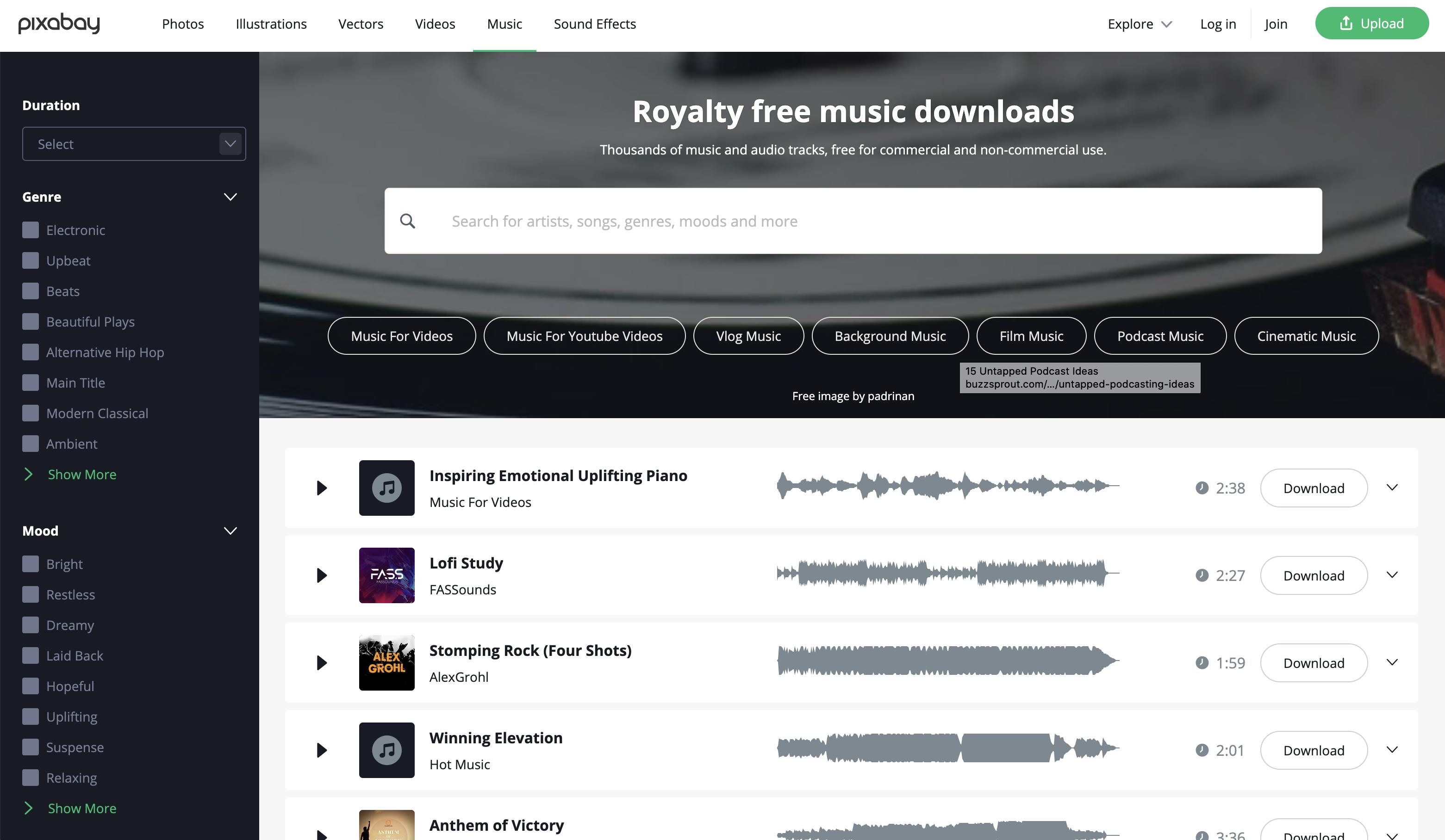 Pixabay royalty free music downloadds page