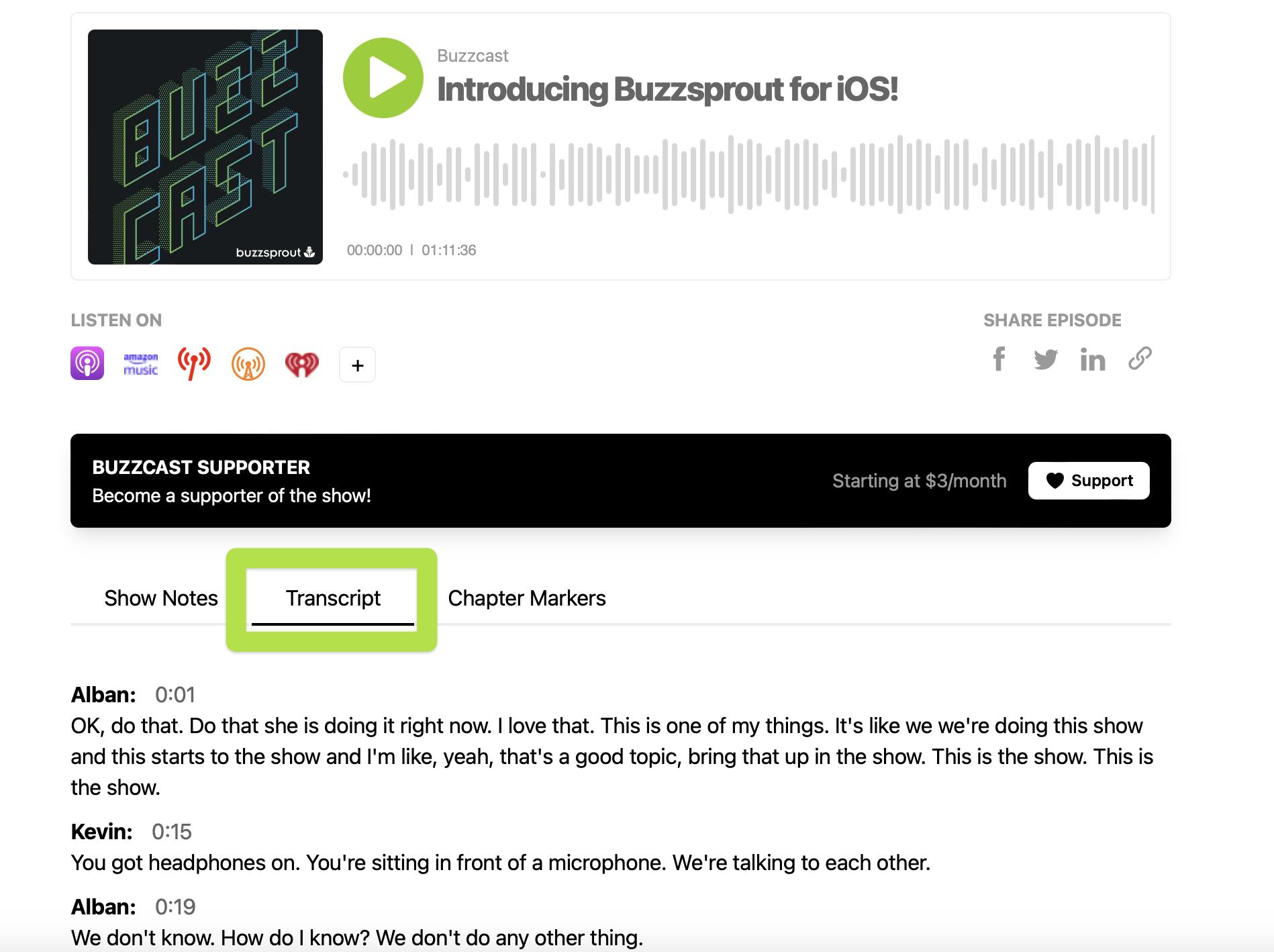 Buzzsprout website transcript tab