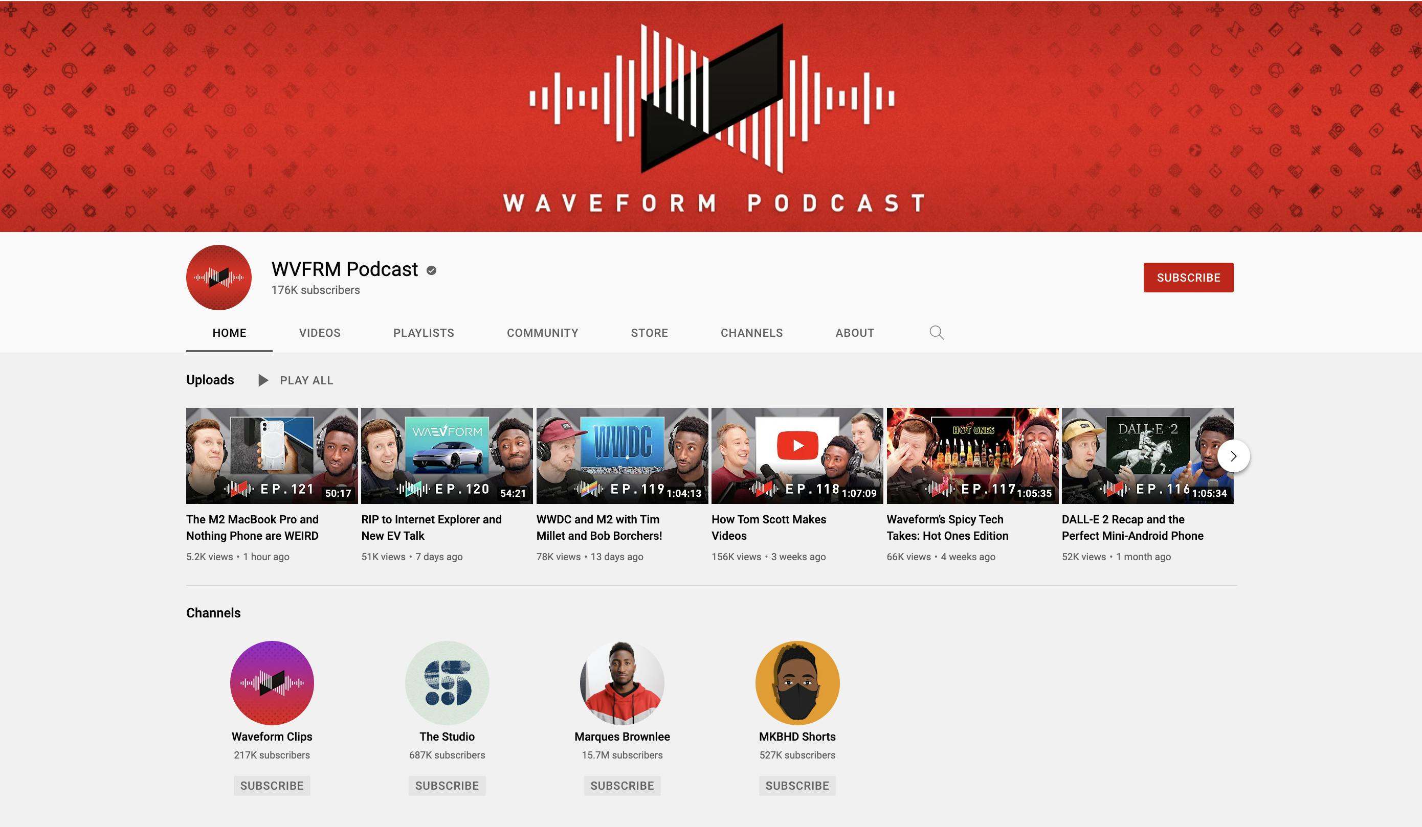 WVFRM Podcast YouTube channel homepage with red banner and video thumbnails