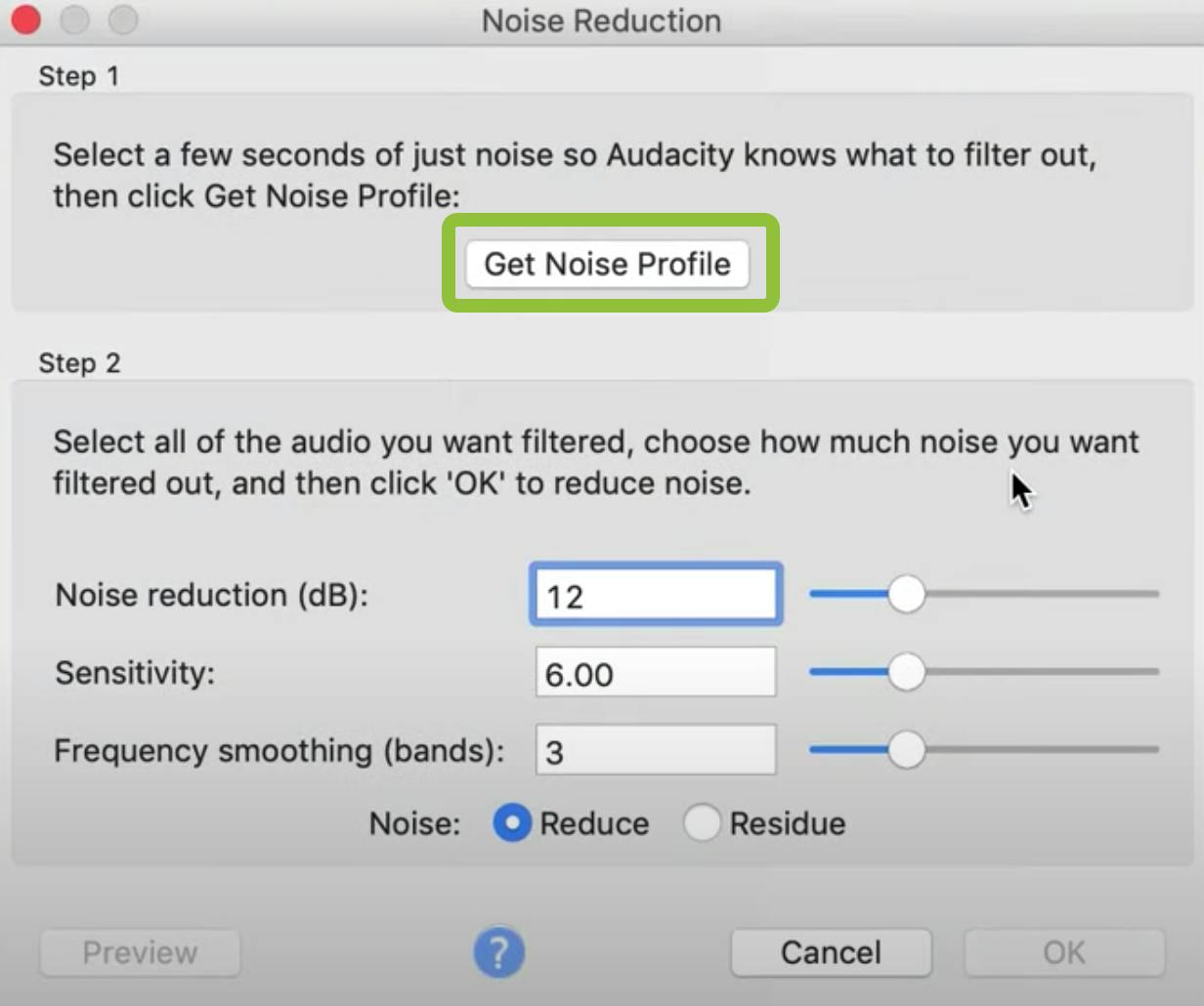 Noise Reduction window with green box around Get Noise Profile