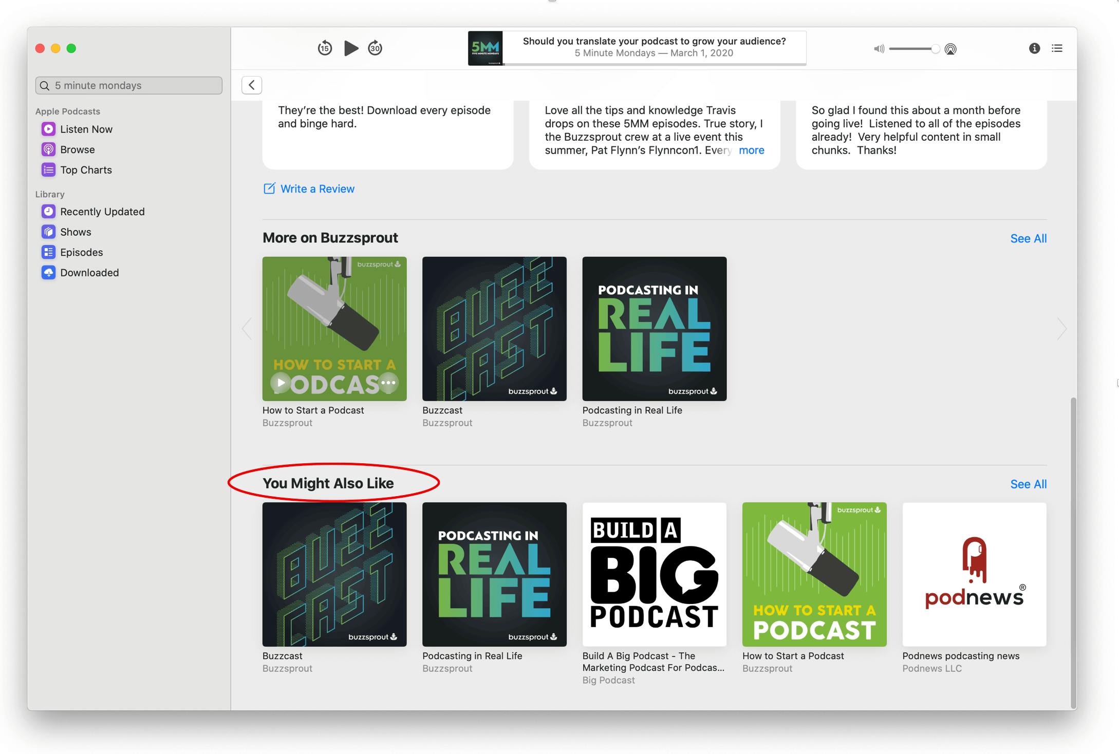 The You Might Also Like section circled in Apple Podcasts