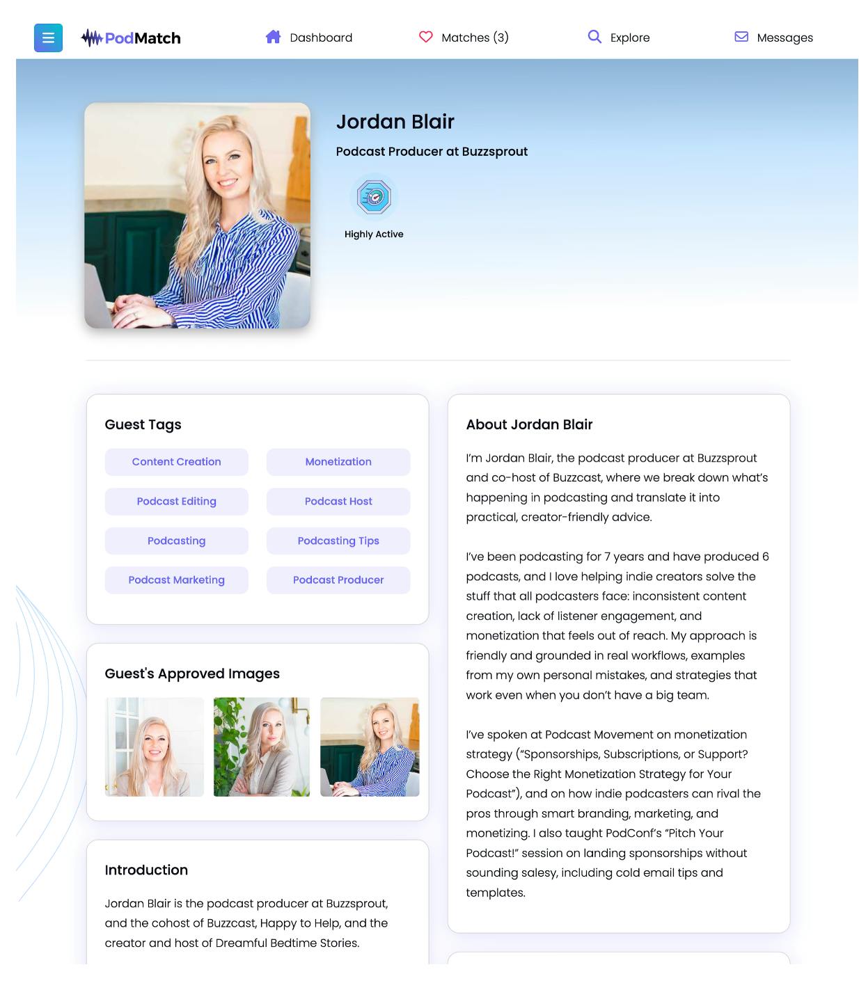 Jordan's PodMatch profile