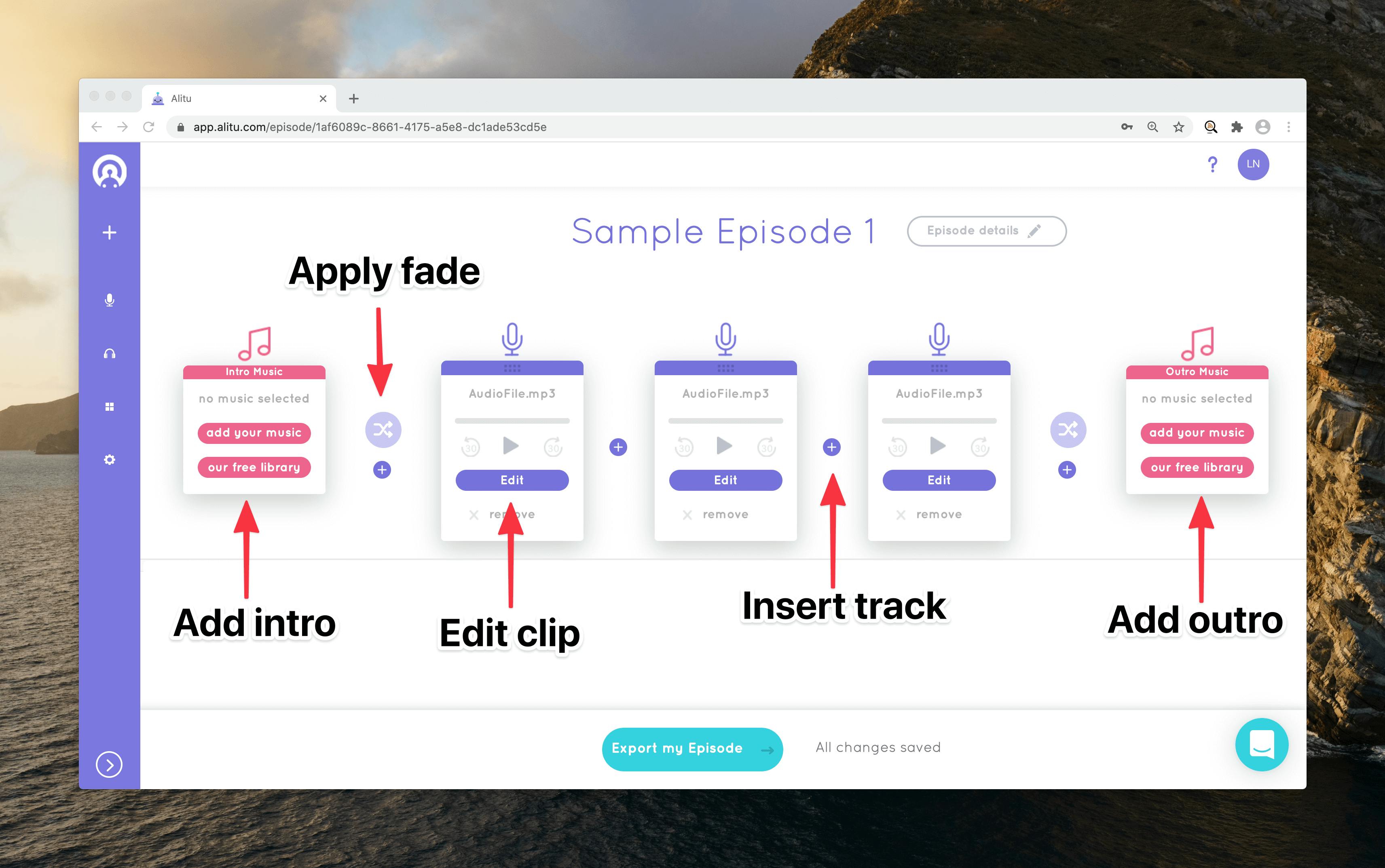 Episode Builder with arrows pointing to features