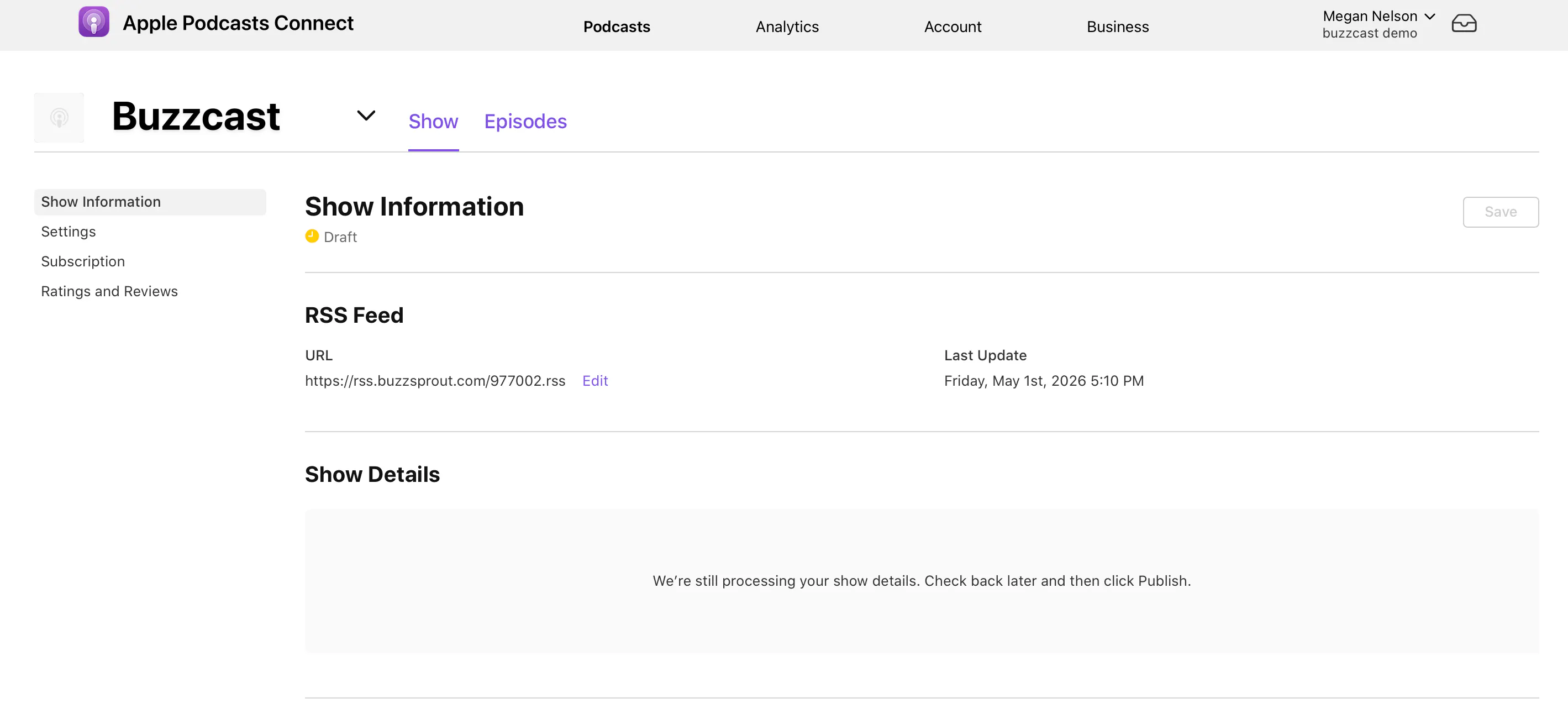 Show details processing on Apple Podcasts