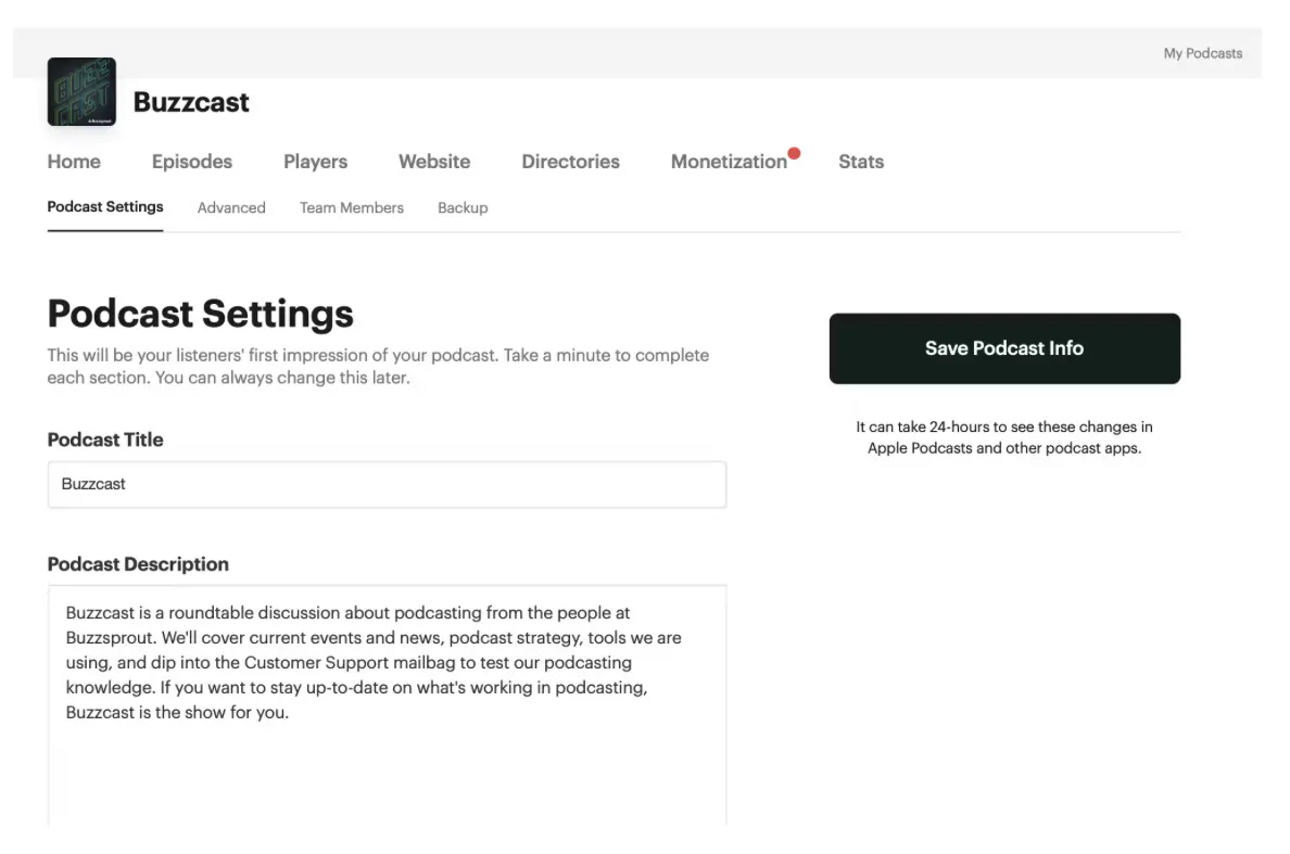 podcast settings page 