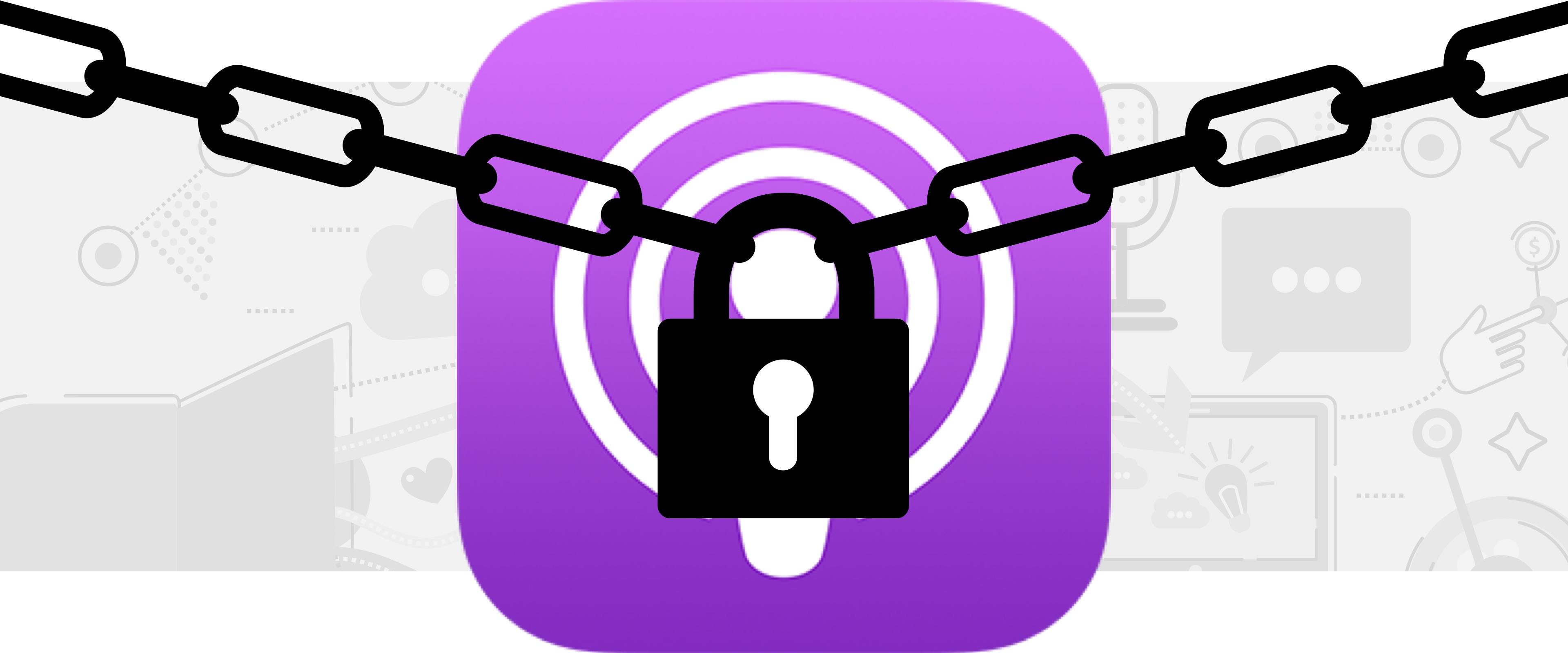 Apple Podcasts logo with black lock and chain across it