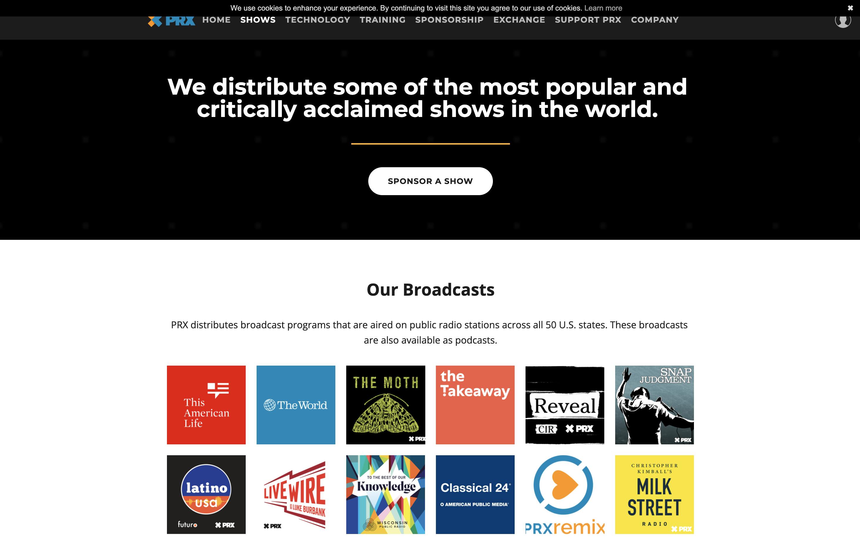 PRX homepage with navy blue banner on top and square images of podcast artwork