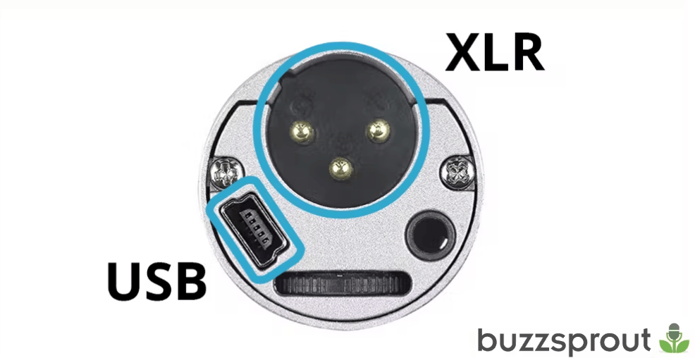 Diagram of the end of a podcast microphone with a blue outline around the USB and XLR hookups