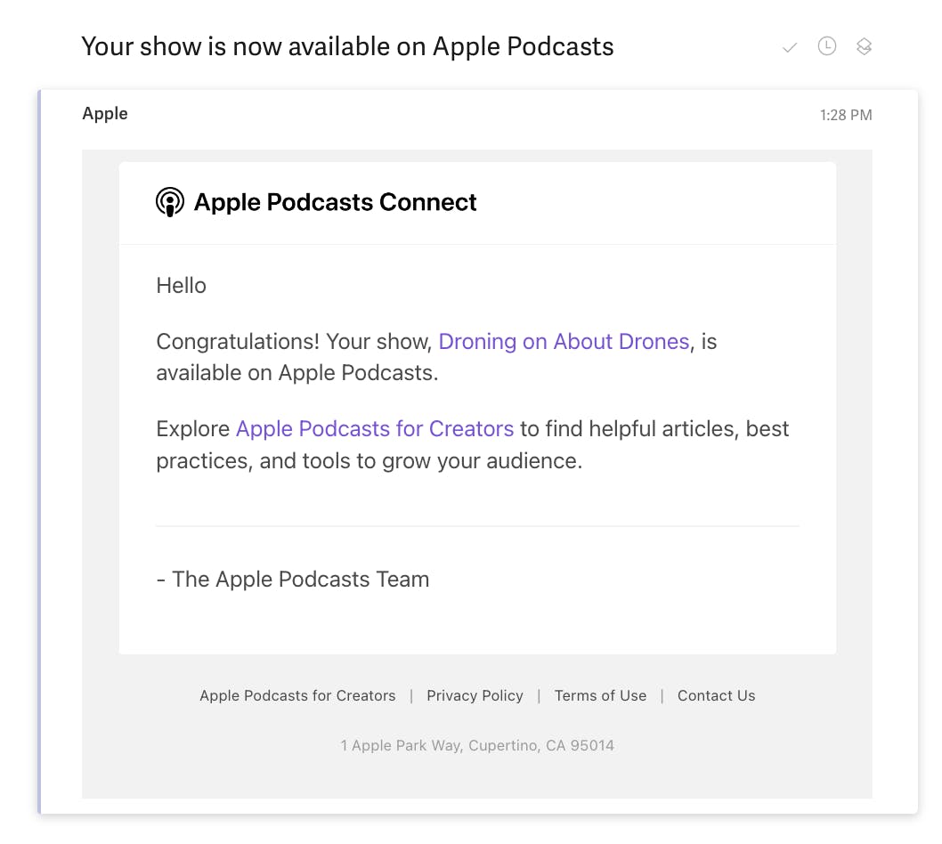 Apple Podcasts Approval Email