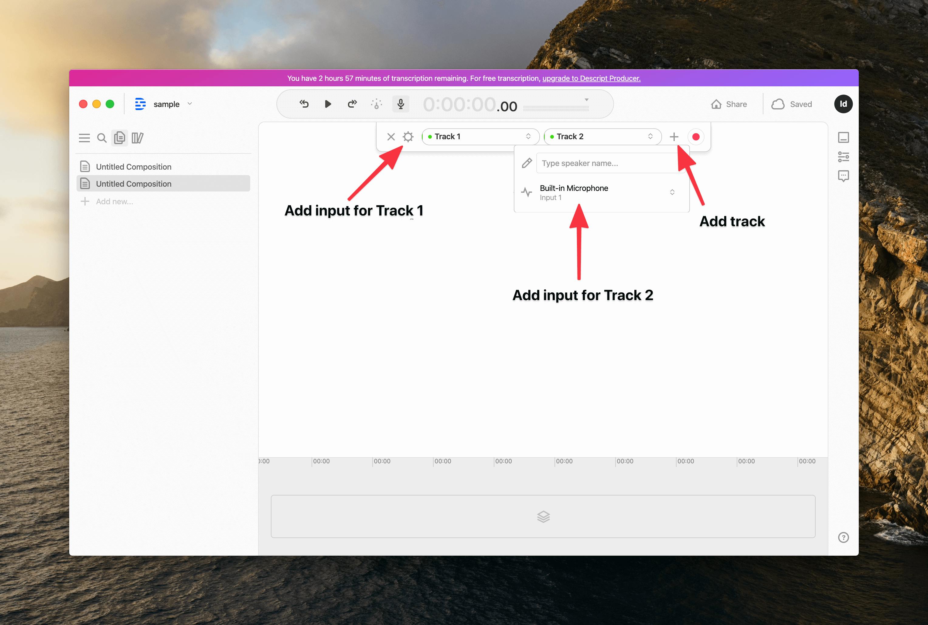 Arrows showing how to add inputs to separate tracks