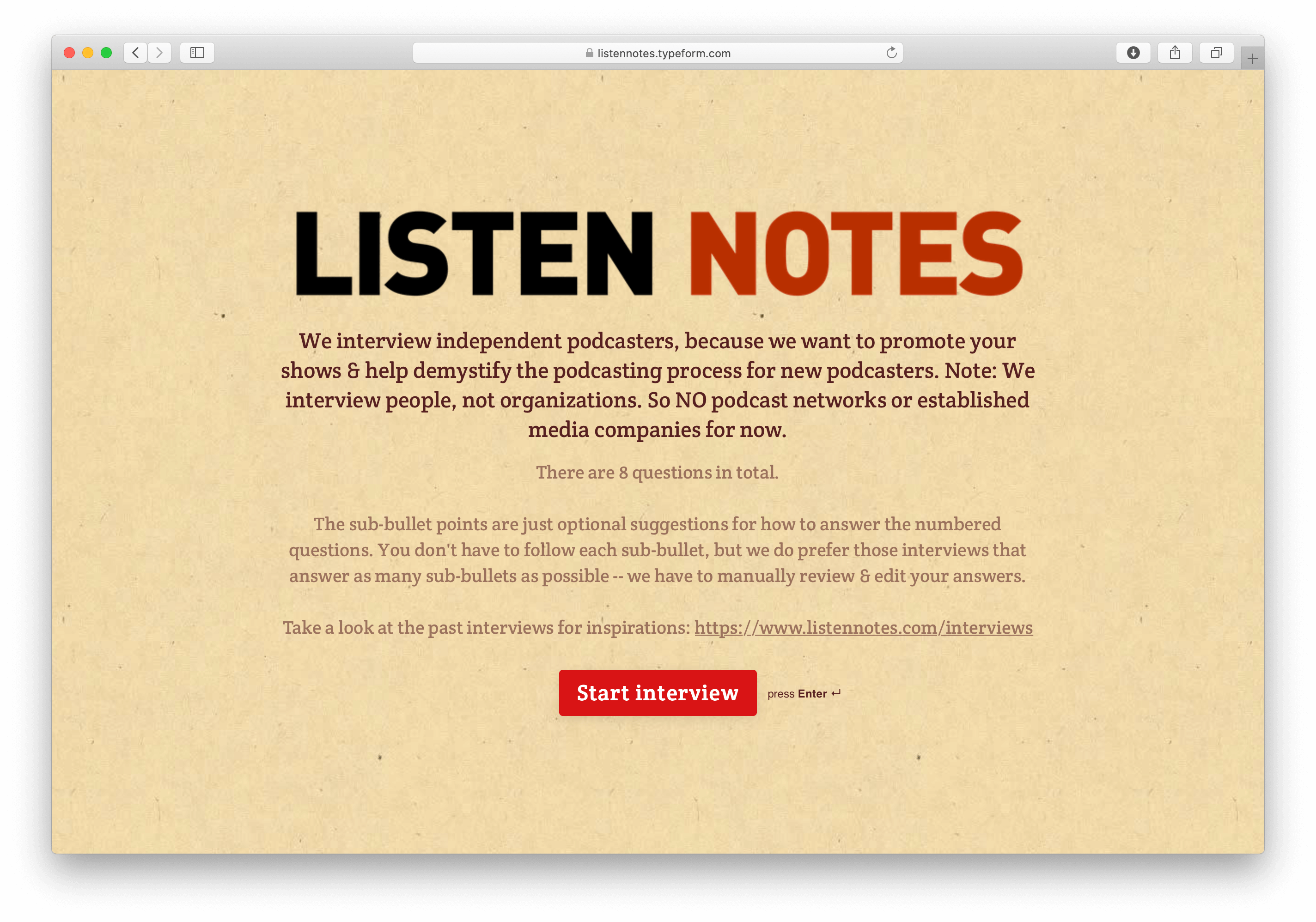 Listen Notes interview homepage