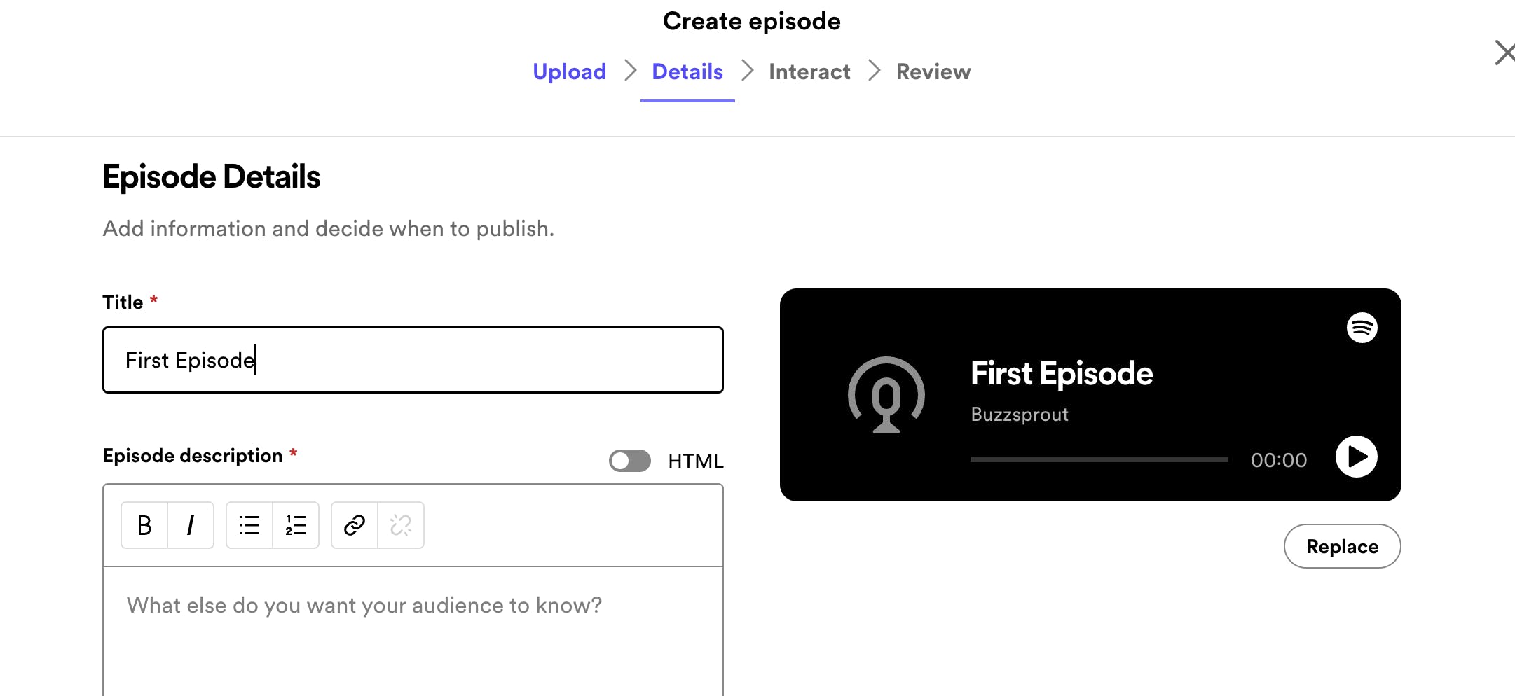 Episode Details page from Spotify for Podcasters