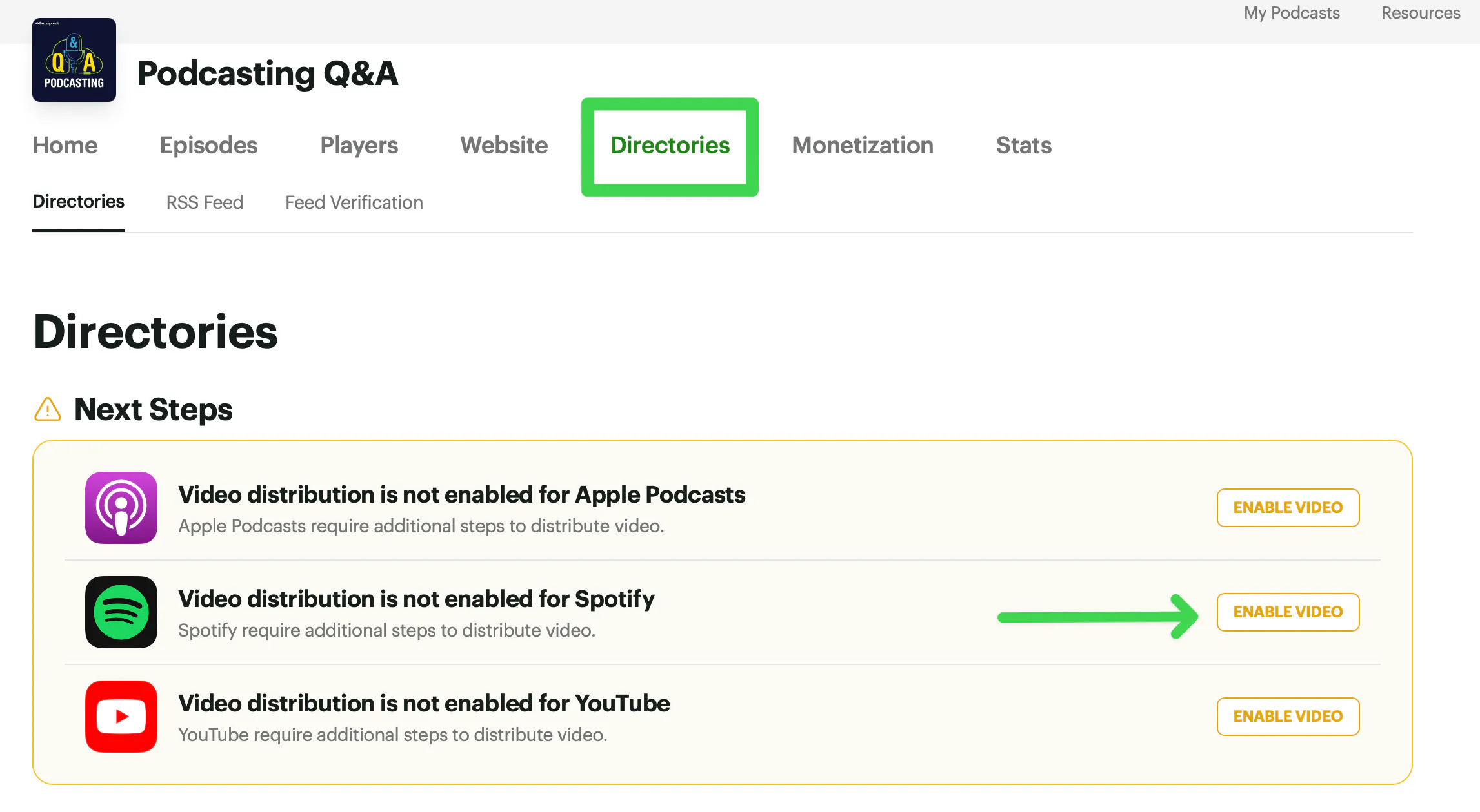 Go to directories and select enable video next to Spotify