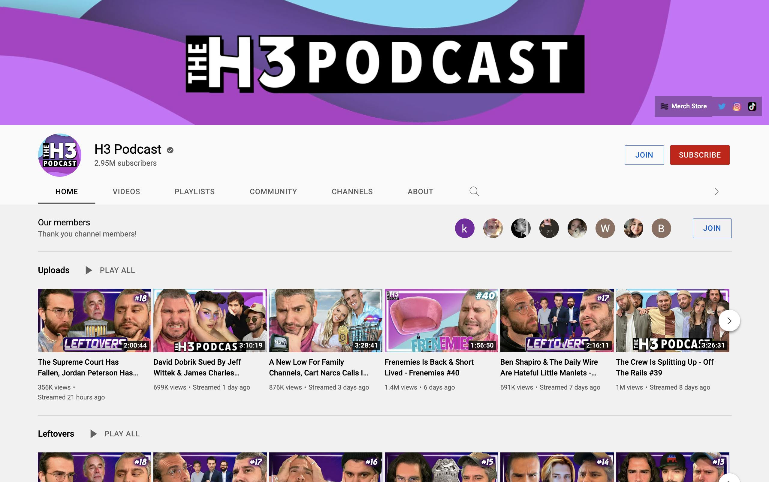 H3H3 Podcast YouTube channel homepage with banner image and video thumbnails