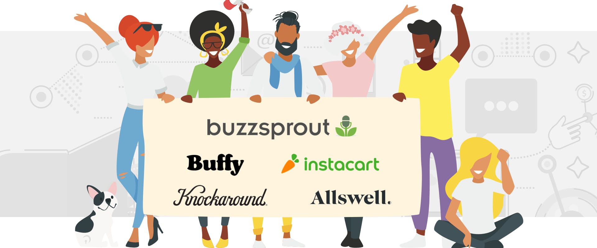 People holding a sign with the logos of Buzzsprout Affiliate Marketplace companies