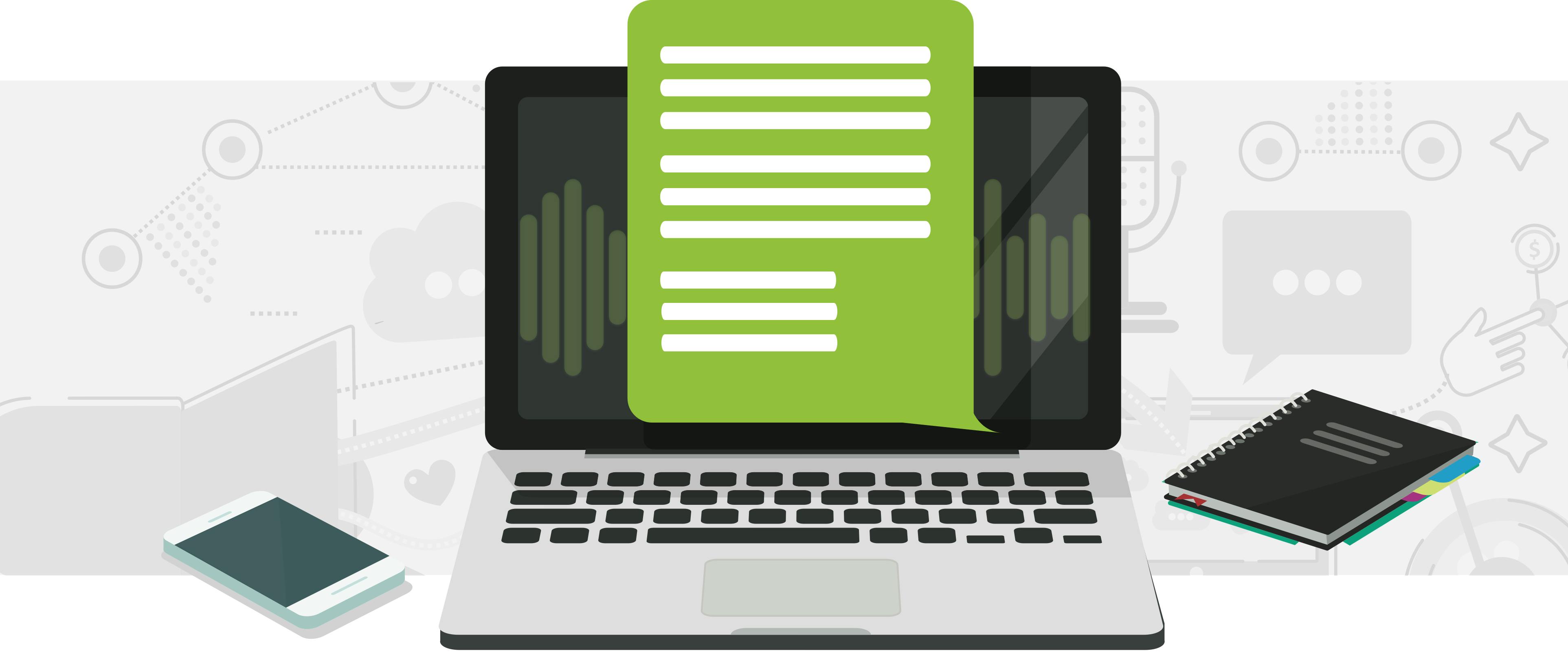 Laptop with a green podcast transcript and white lines