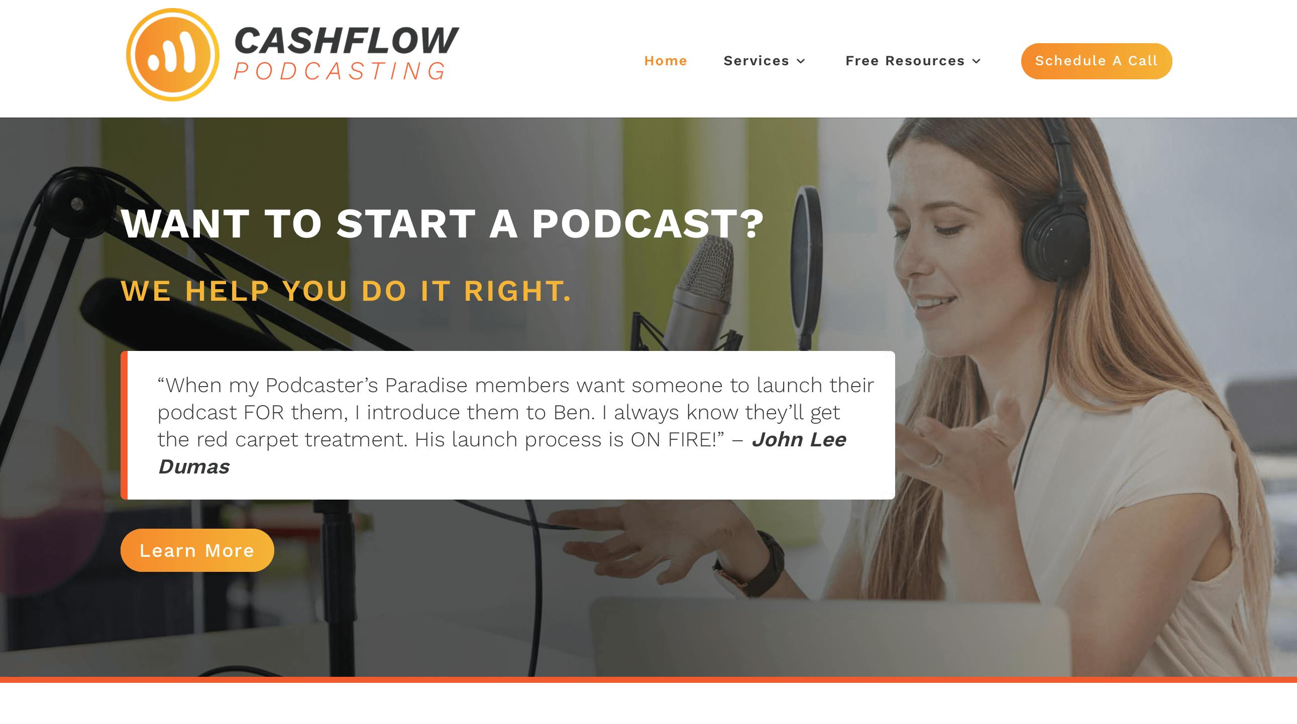 Cashflow Podcasting homepage with woman podcaster in the background and orange buttons