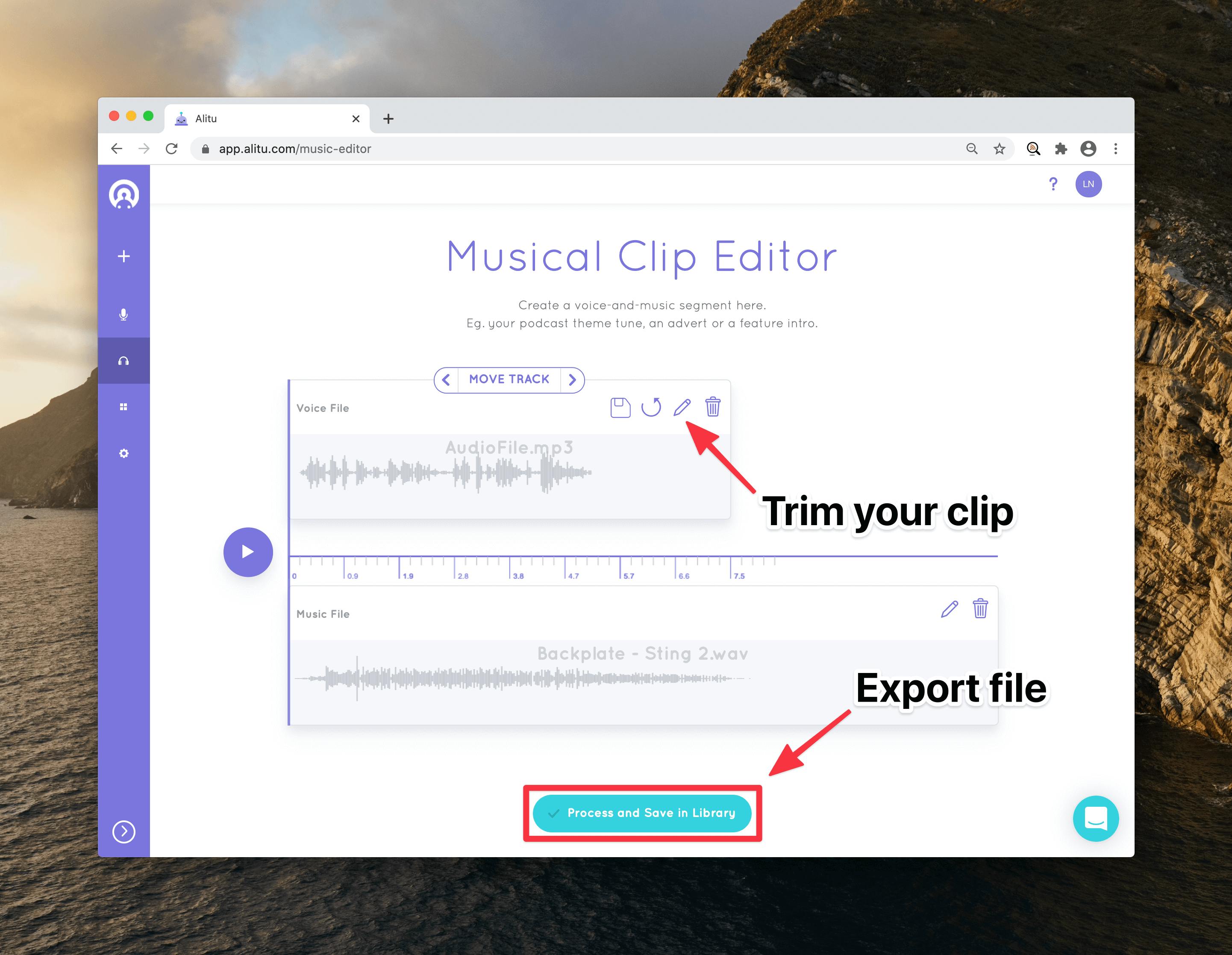Musical Clip Editor with arrows pointing to track editor and save button