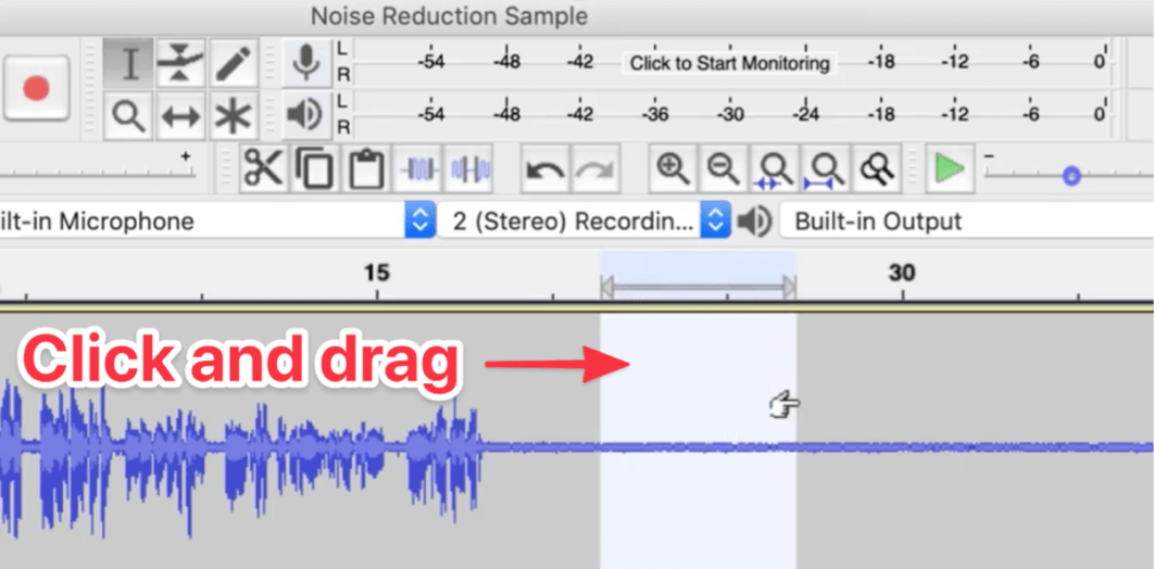 Audacity workspace with an arrow pointing too a segment selection 