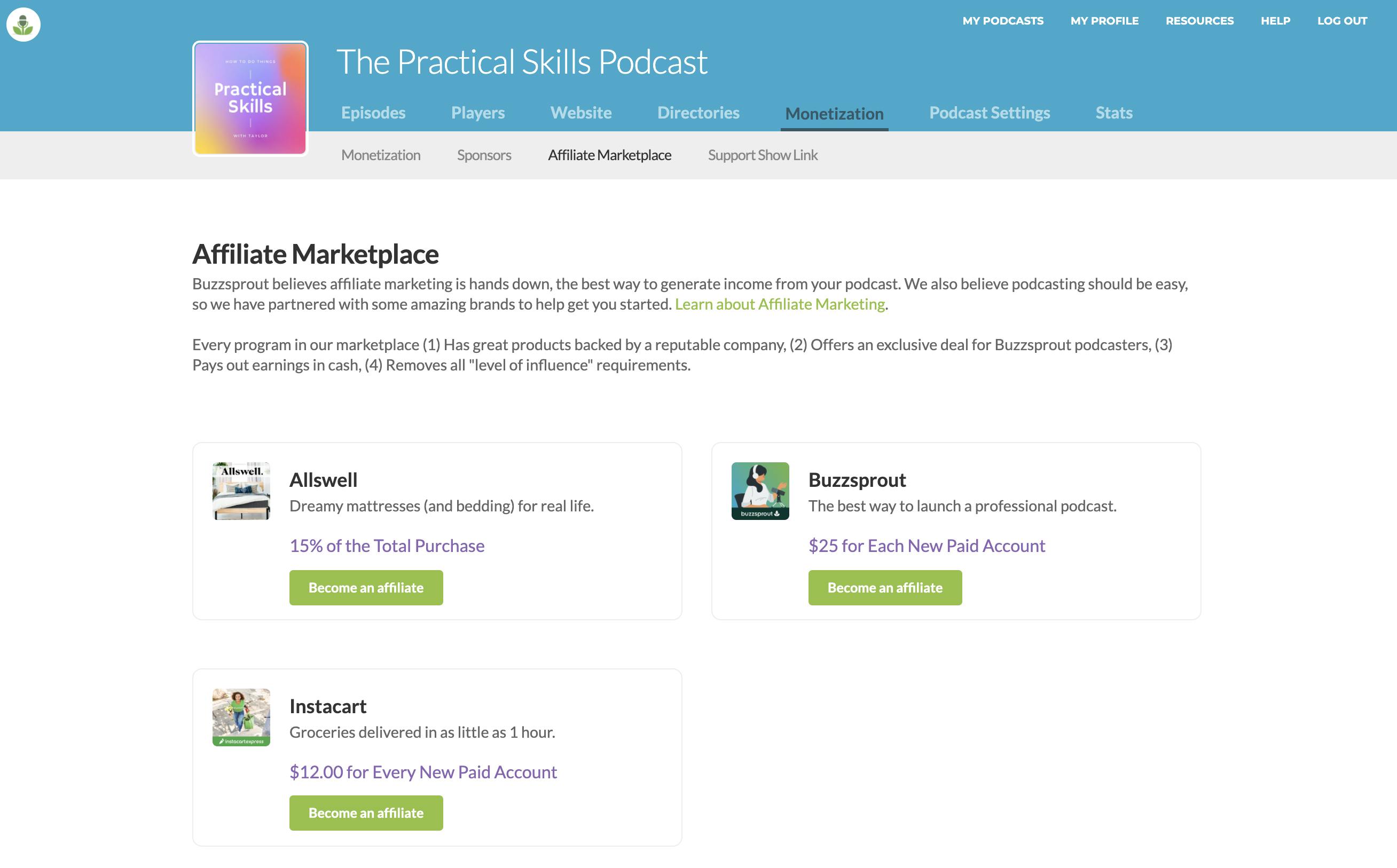 Buzzsprout Affiliate Program page