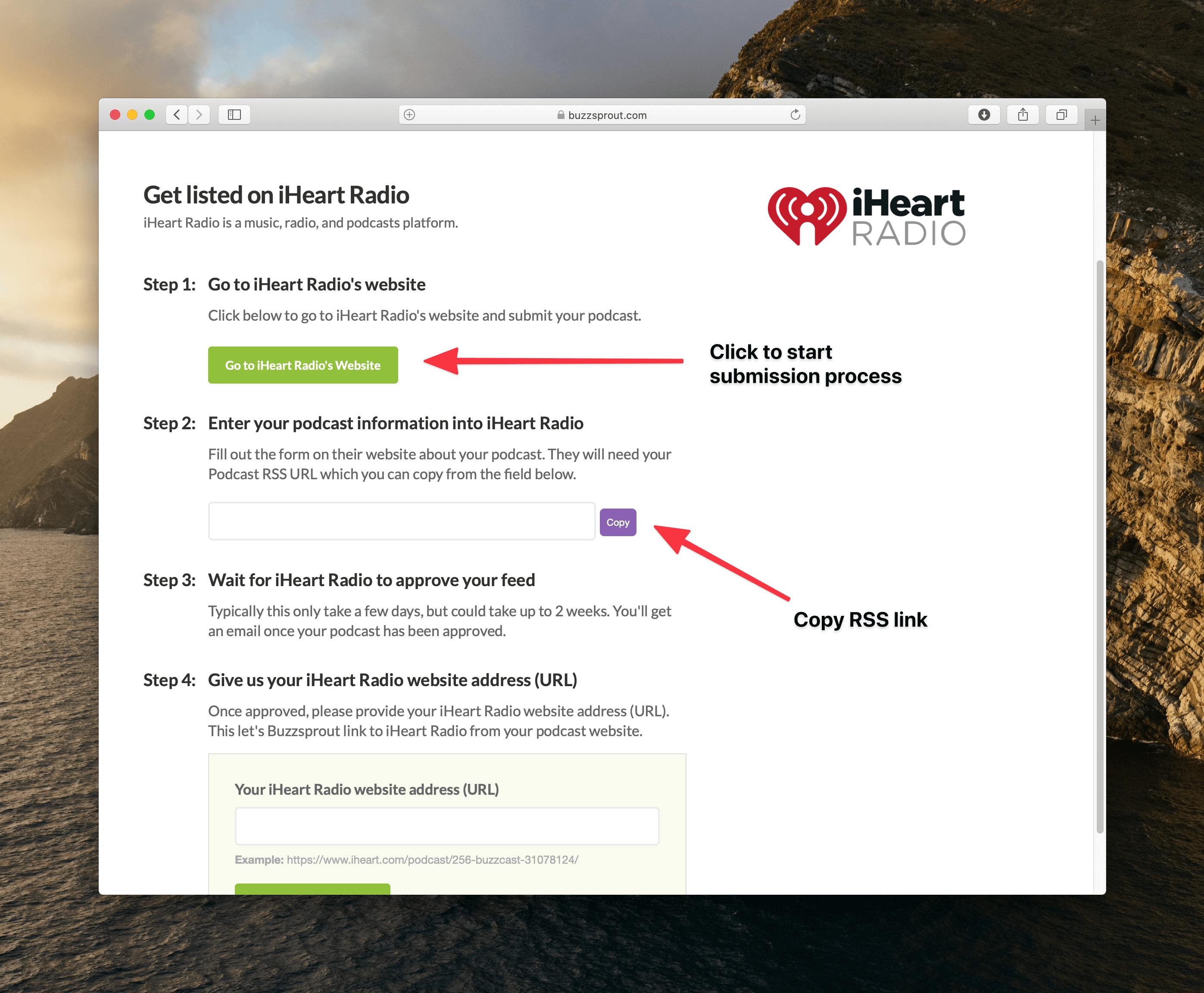 Buzzsprout's iHeart submission page with red arrows pointing to RSS feed box and a link to iHeart's website