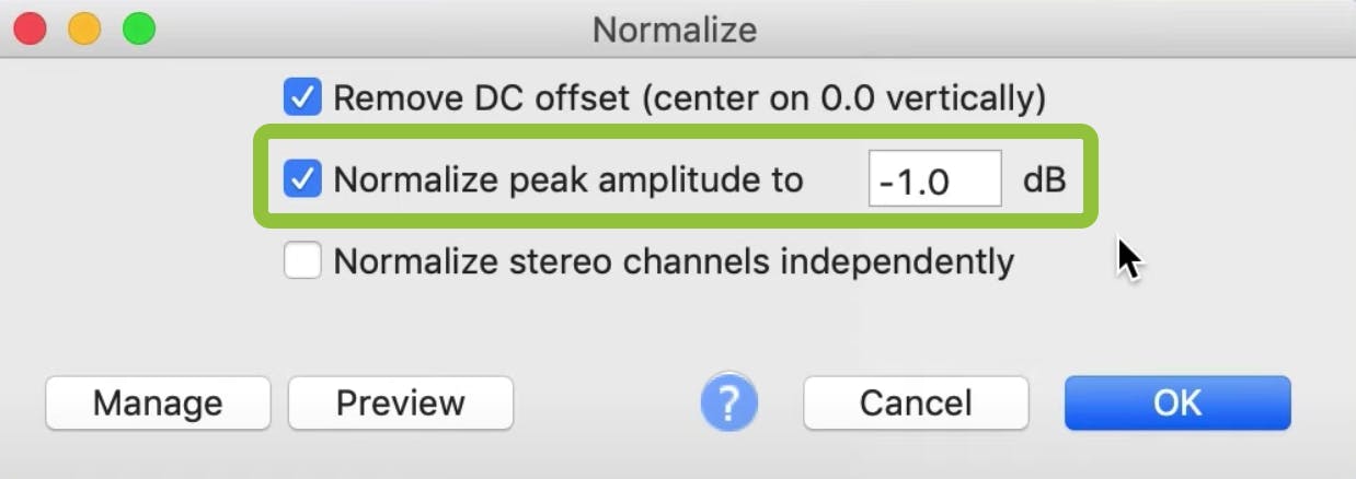 Normalize window with green box around peak amplitude setting