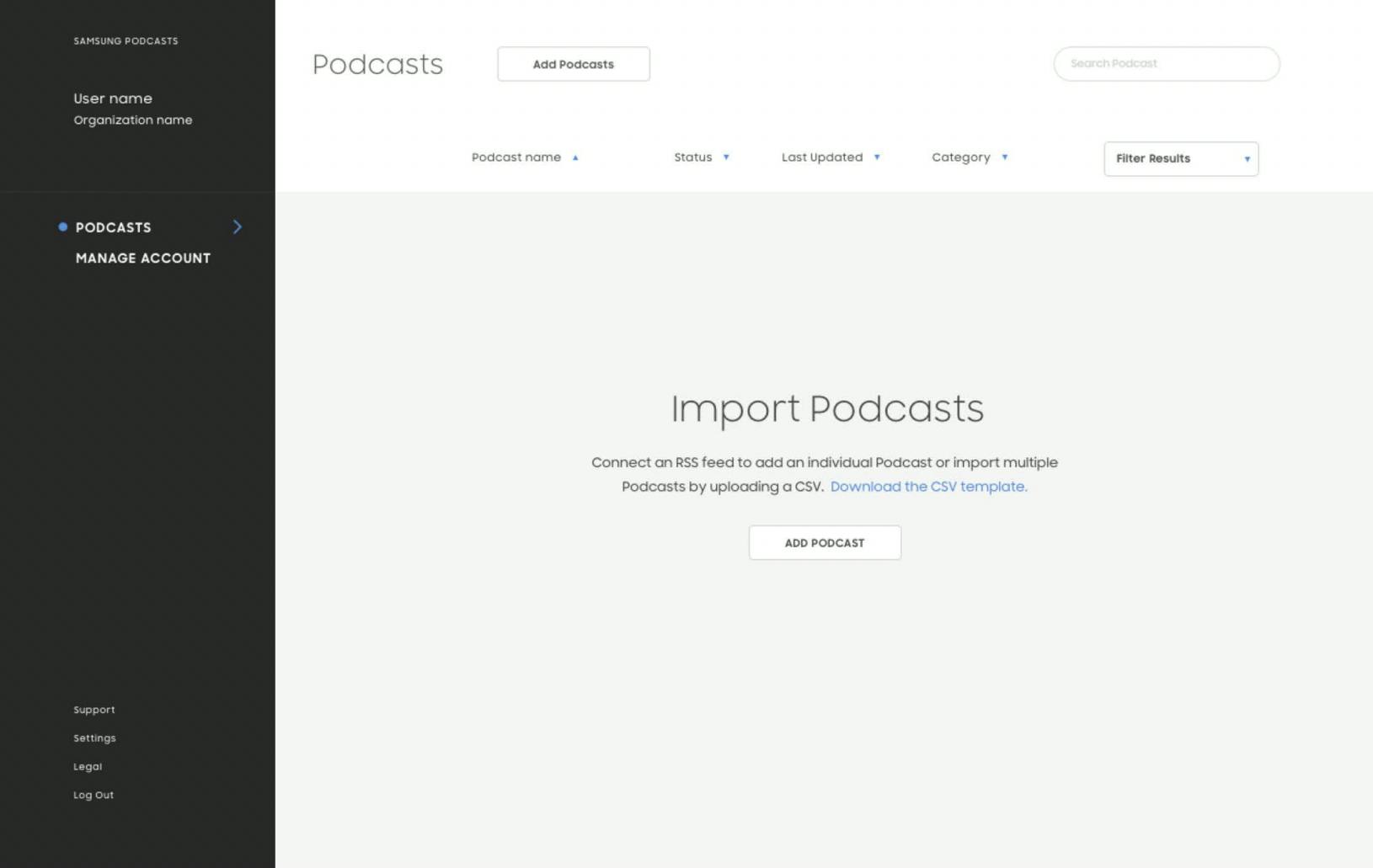 Import Podcasts page with Samsung Podcasts dashboard