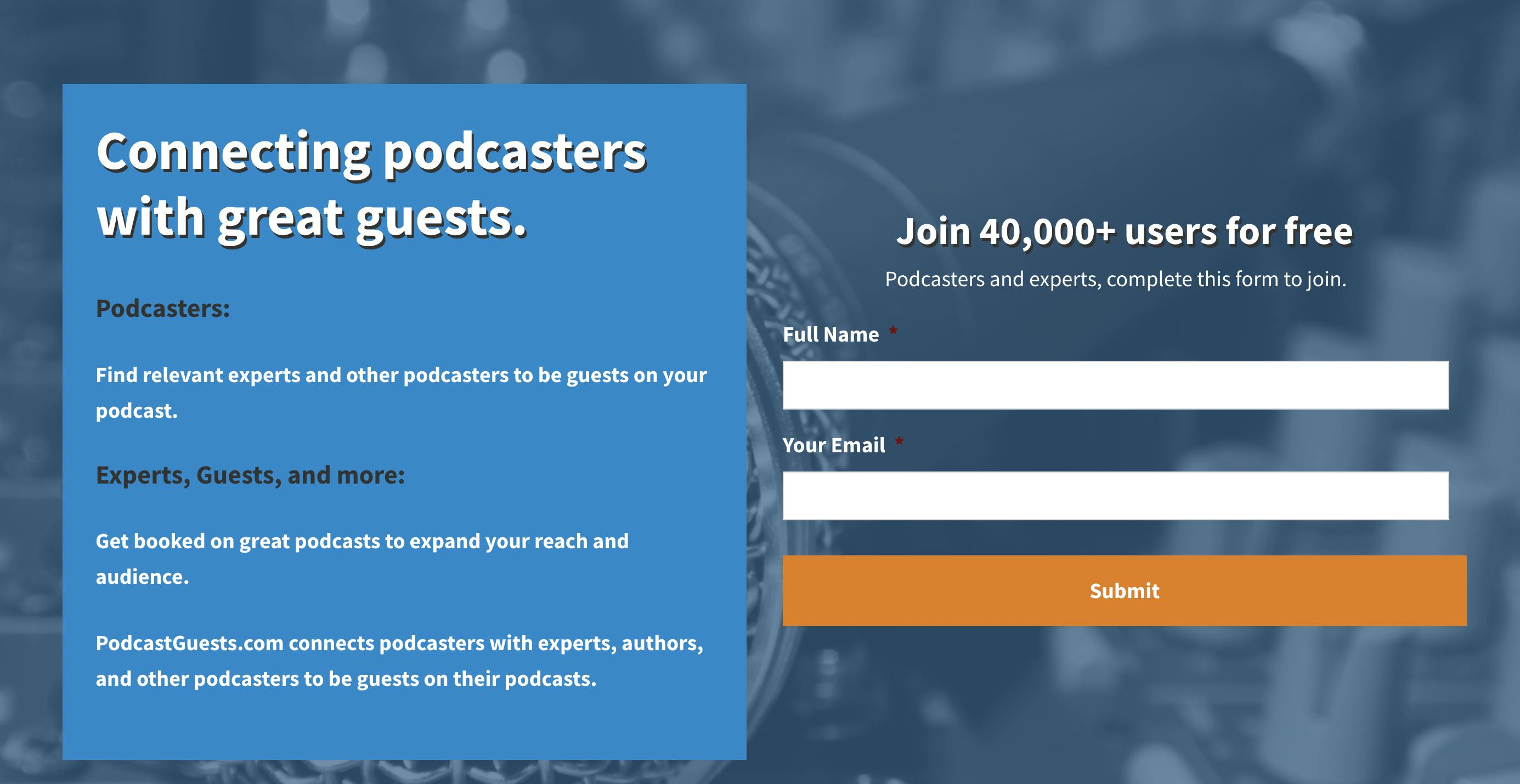 PodcastGuests homepage with blue background and contact fields